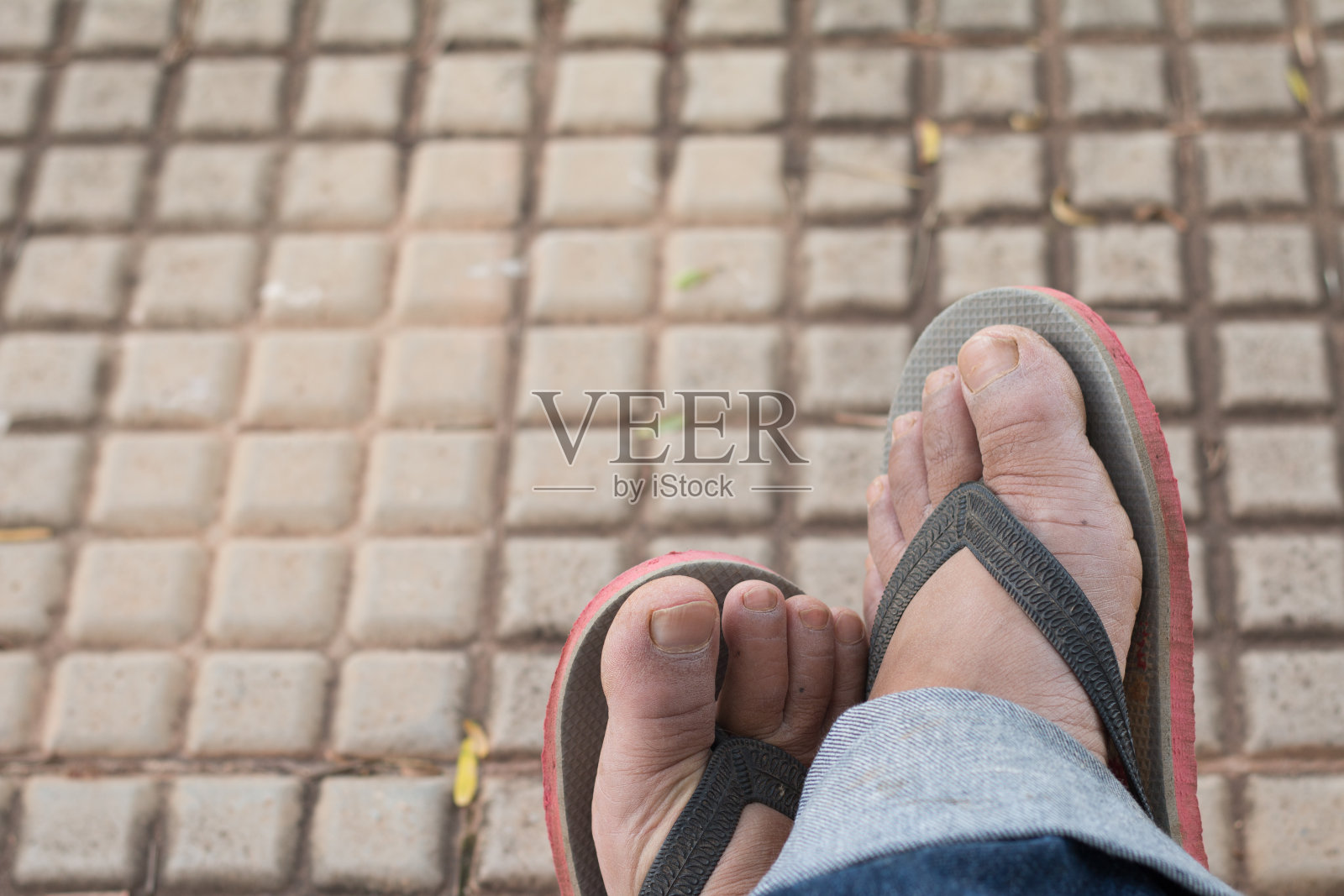 在花园人行道上放松的时间，光着脚在人行道上复制空间。照片摄影图片