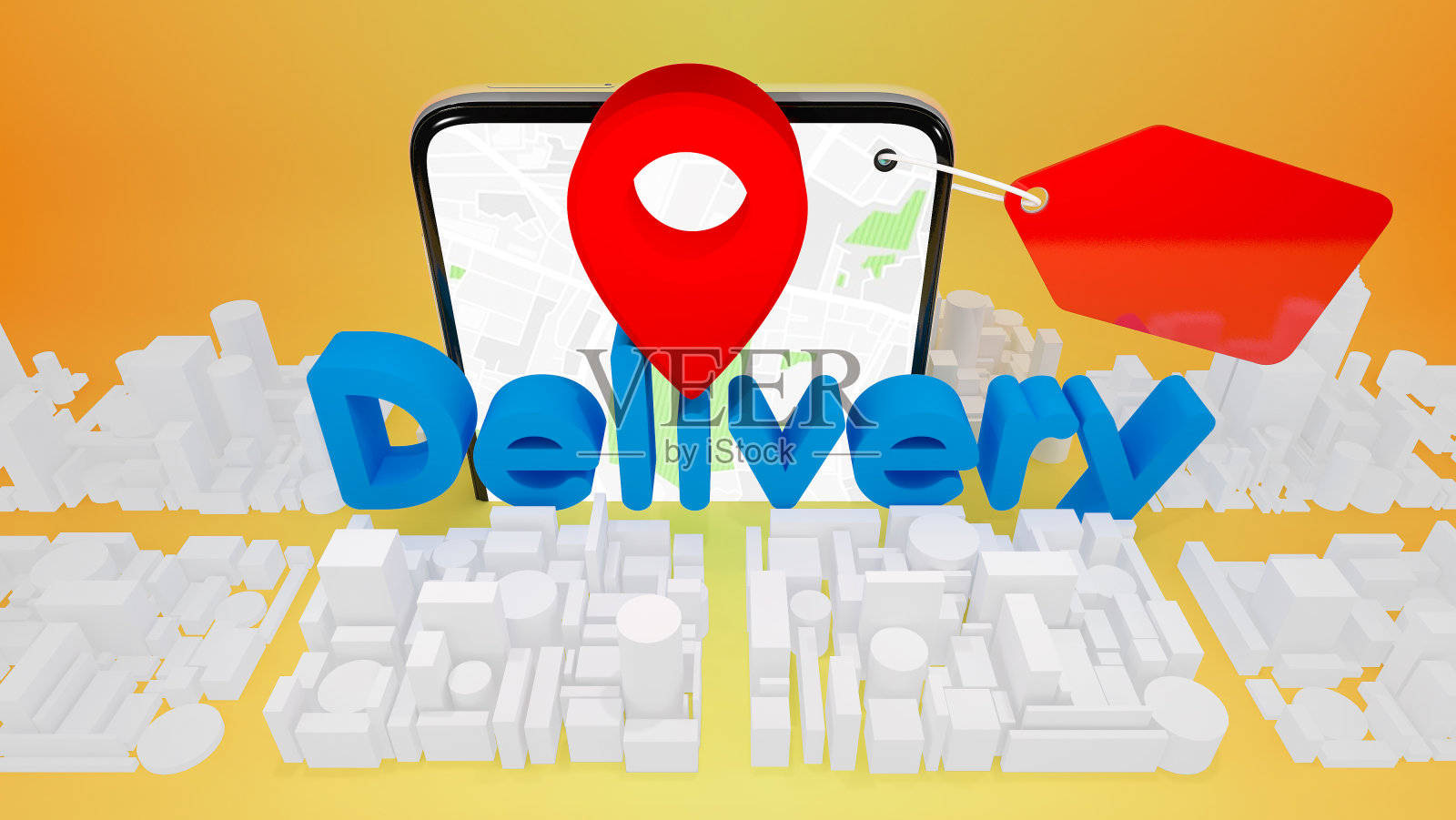 模型城市地图与红色大头针和手机。照片摄影图片