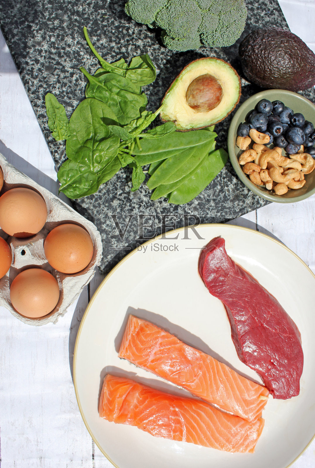 生酮或生酮低碳水化合物阿特金斯旧石器饮食蛋白质为基础的肉，鱼，牛奶，鸡蛋，蔬菜，浆果和坚果照片摄影图片