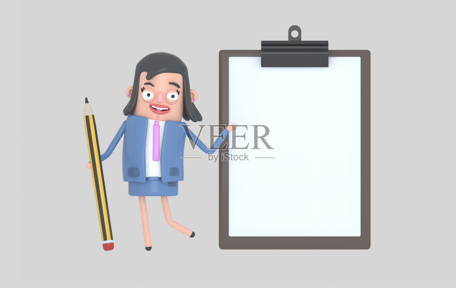 一个拿着大铅笔，旁边是白色剪贴板的女商人。孤立的插画图片素材