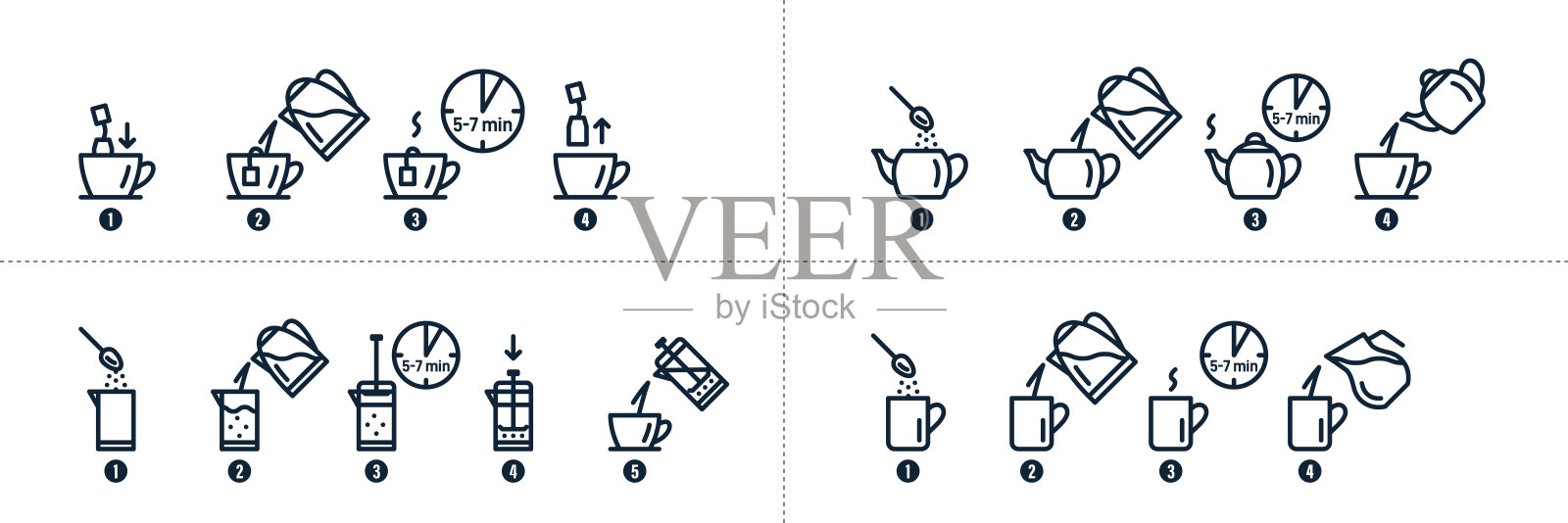 茶，咖啡，冲泡过程的图标。热喝啤酒图标素材