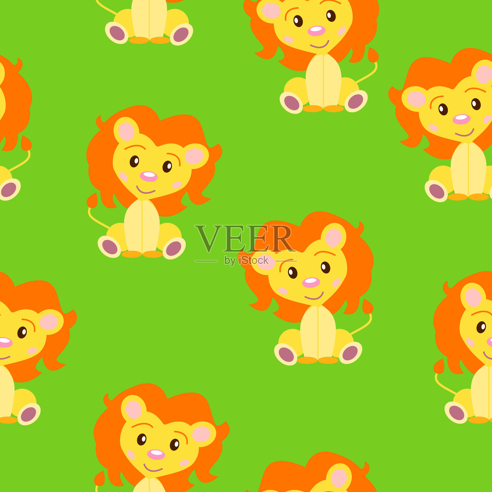 快乐的小狮子。黄色和橙色。绿色背景。无缝模式。平的卡通风格。有趣和可爱。野生的猫。非洲的动物。为孩子。用于明信片、墙纸、纺织品和包装纸插画图片素材