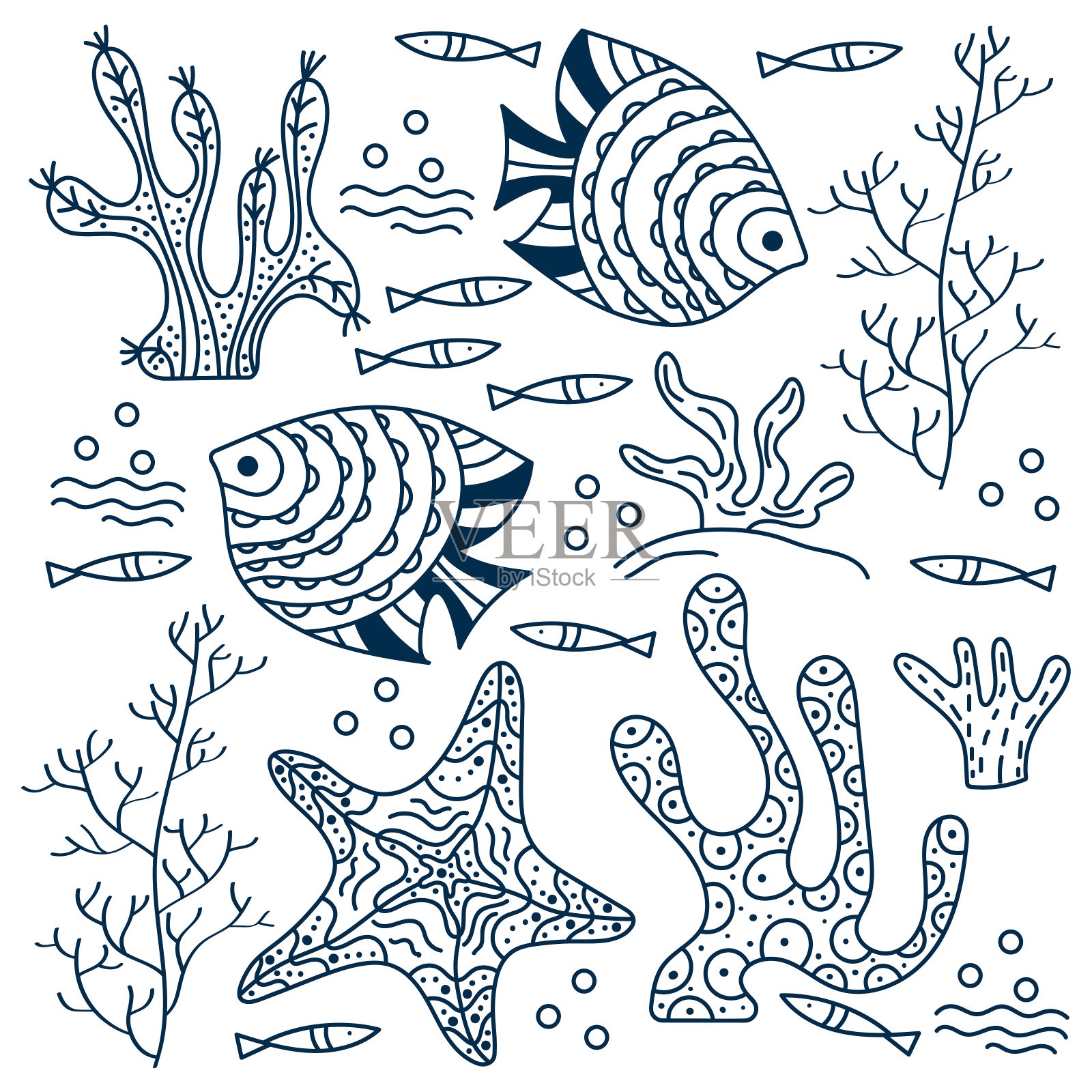 海底，海底世界。白色背景上的鱼和海藻。手绘矢量图。封面、海报或书籍涂色页的轮廓图插画图片素材