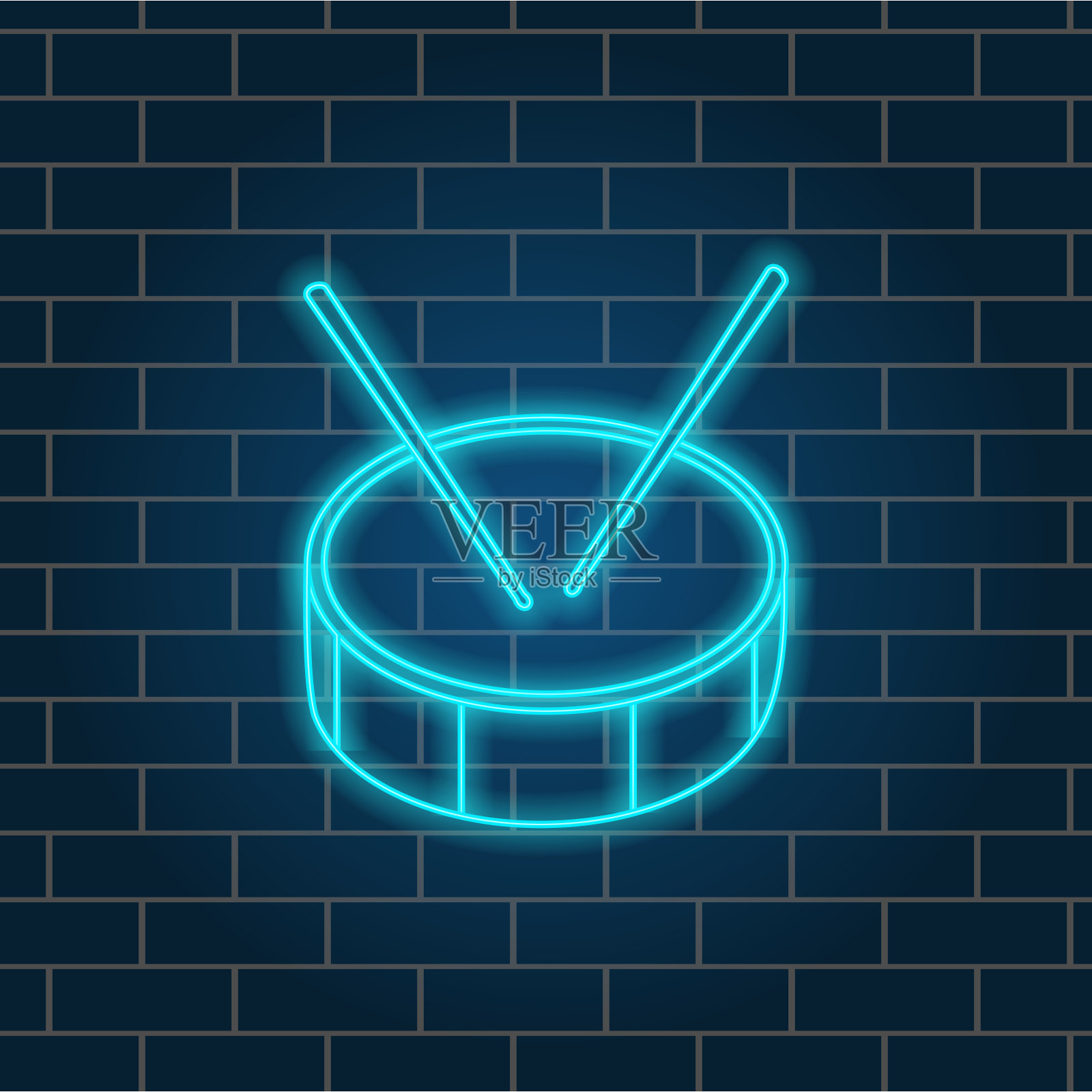 发光的霓虹灯鼓，乐器。蓝色的颜色。晚上招牌。矢量插图。插画图片素材