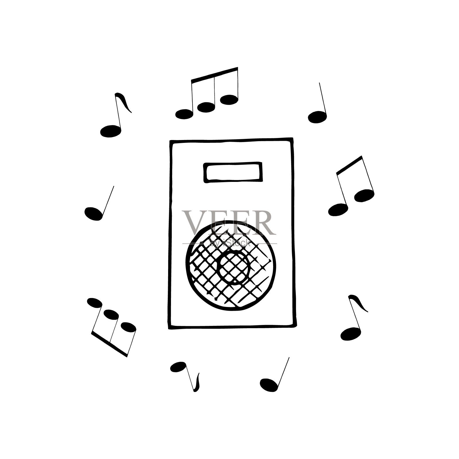 音乐扬声器和音乐音符周围手绘涂鸦风格。向量,斯堪的纳维亚,单色。构图模板设计卡，贴纸，海报，音乐，旋律插画图片素材