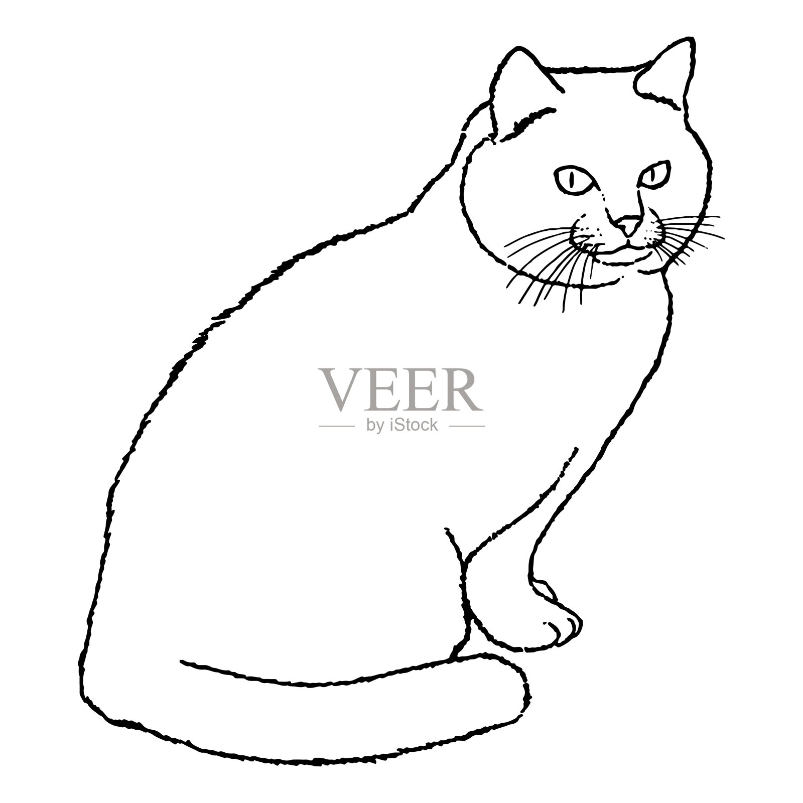 画一只可爱的小猫坐在那里，用大大的眼睛看着我们。黑白插图的动物。动物的真实形象。矢量孤立的插图的一个角色。绘画。股票的艺术插画图片素材