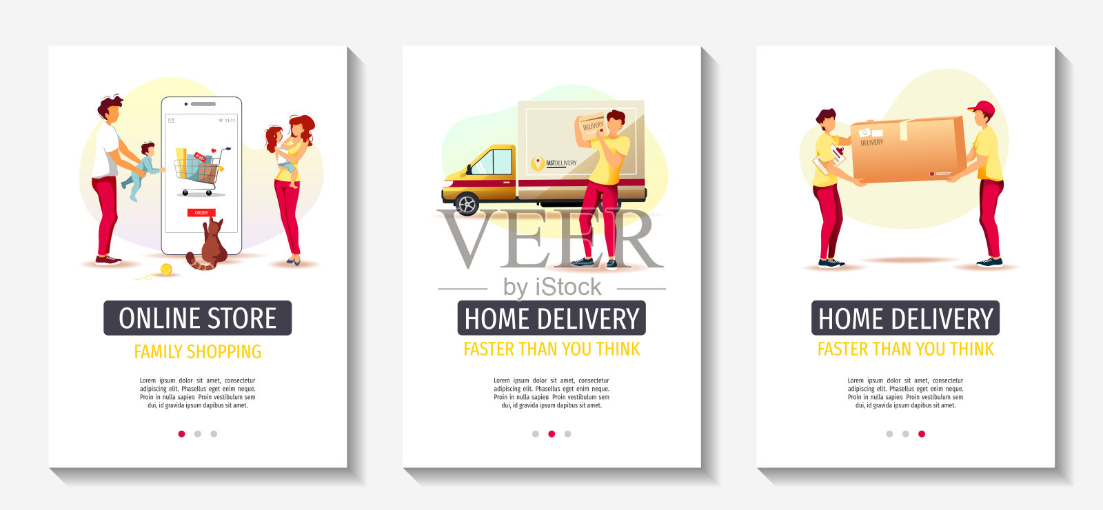 一套传单为网上商店，购物，订购，送货服务，货物运输，送货员。设计模板素材