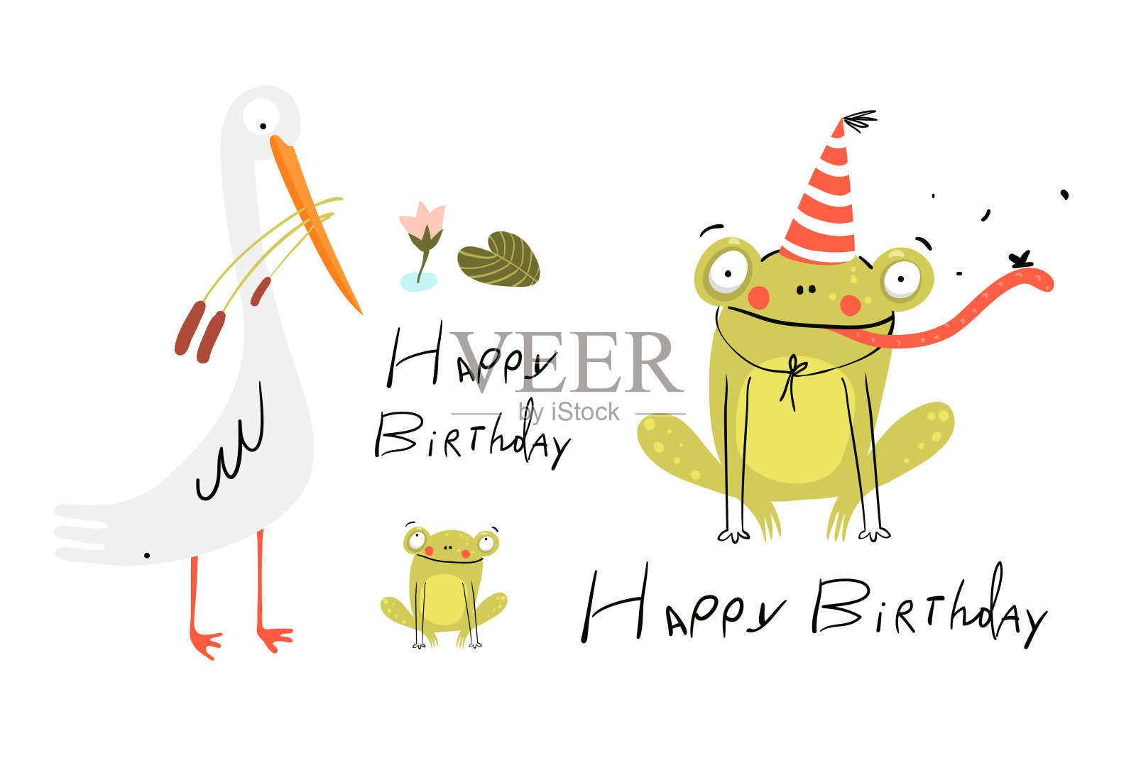 白色的小鸟和青蛙用手写的字母祝贺你生日快乐。插画图片素材