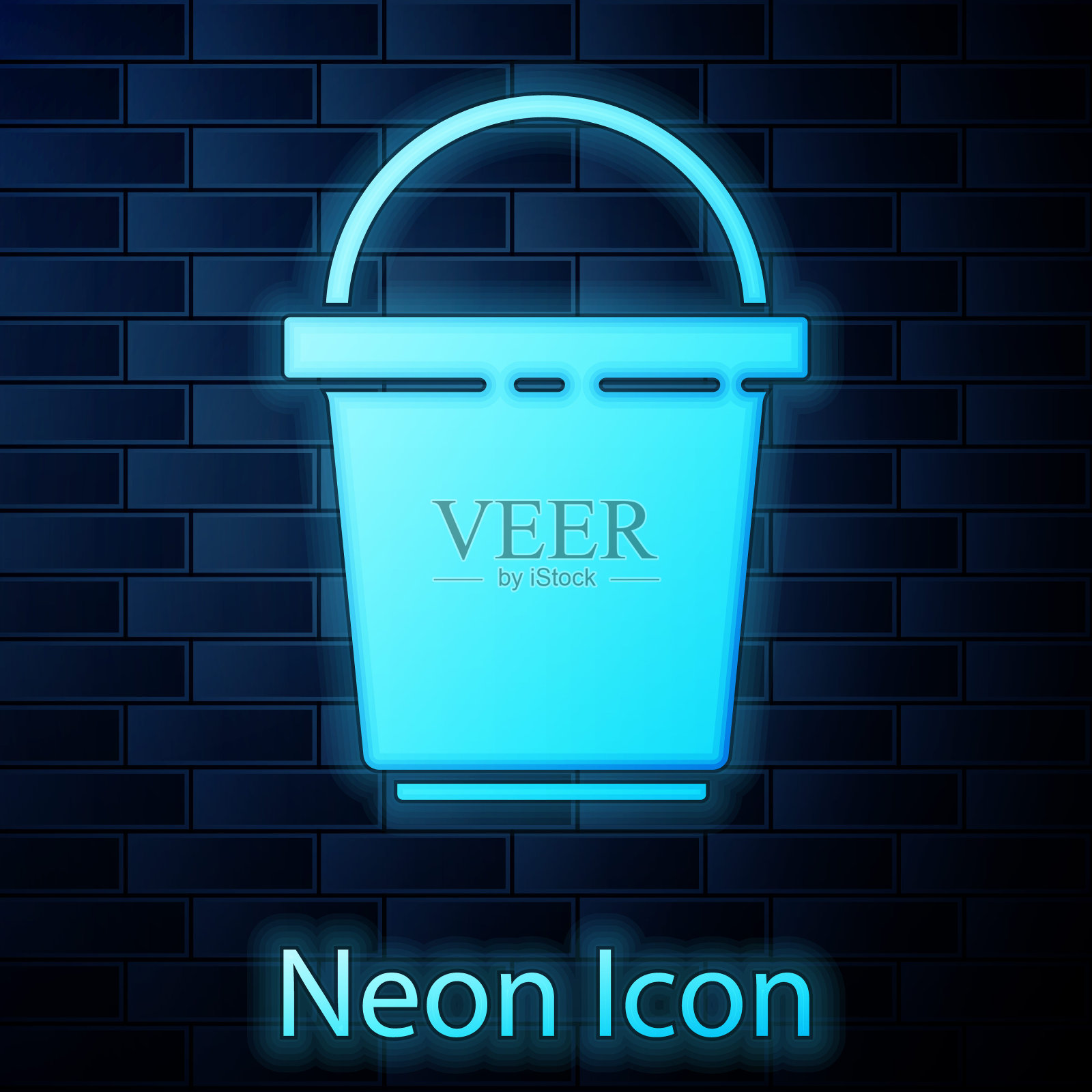 霓虹灯桶图标孤立在砖墙的背景。清洁服务理念。矢量图插画图片素材