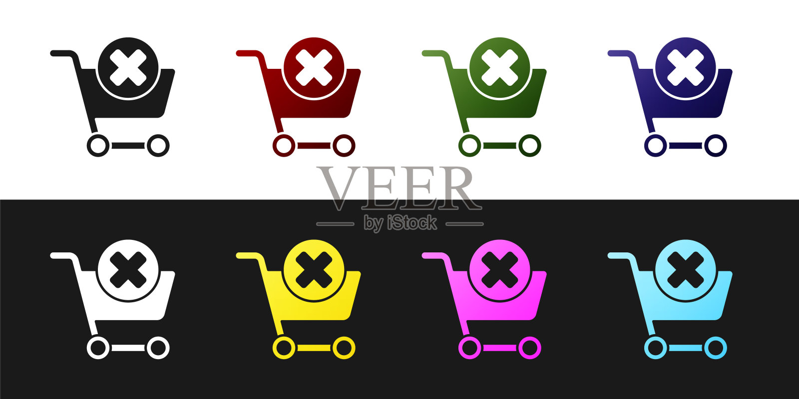 设置移除孤立在黑白背景上的购物车图标。网上购物的概念。送货服务。超市购物篮和X标记。矢量图图标素材