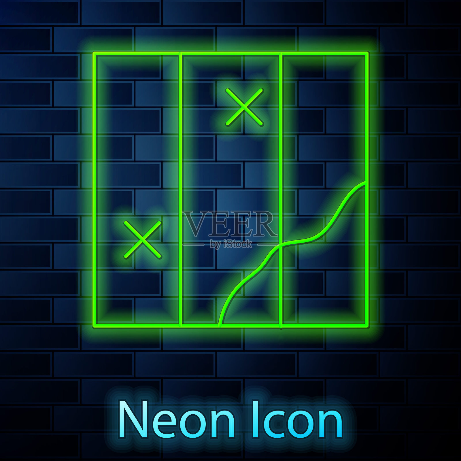 发光的霓虹灯线折叠地图图标隔离在砖墙背景。向量插画图片素材