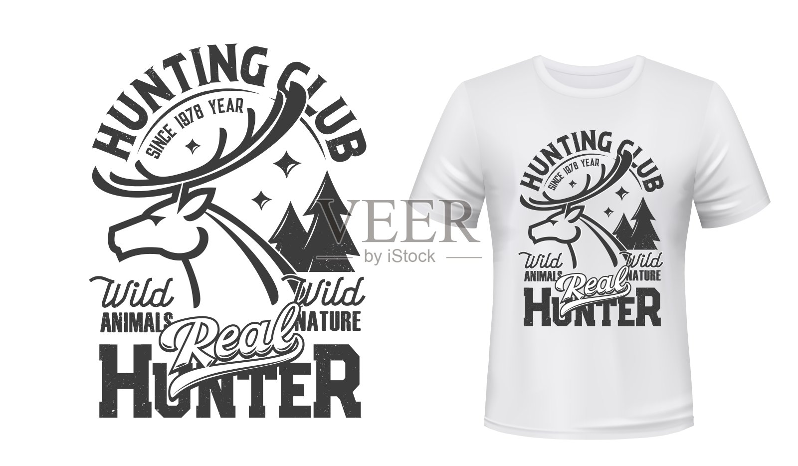 鹿t恤印花模型，狩猎俱乐部驯鹿插画图片素材