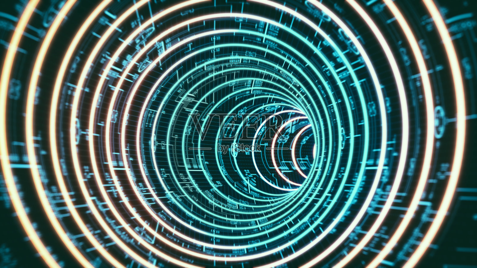 虚拟现实人工隧道螺旋艺术设计递减的视角和发光的电路板照片摄影图片