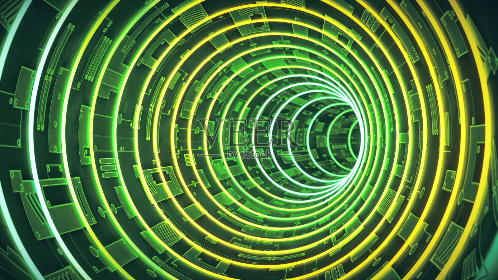 发光的绿色虚拟现实人工隧道螺旋技术设计递减的视角和电路板照片摄影图片