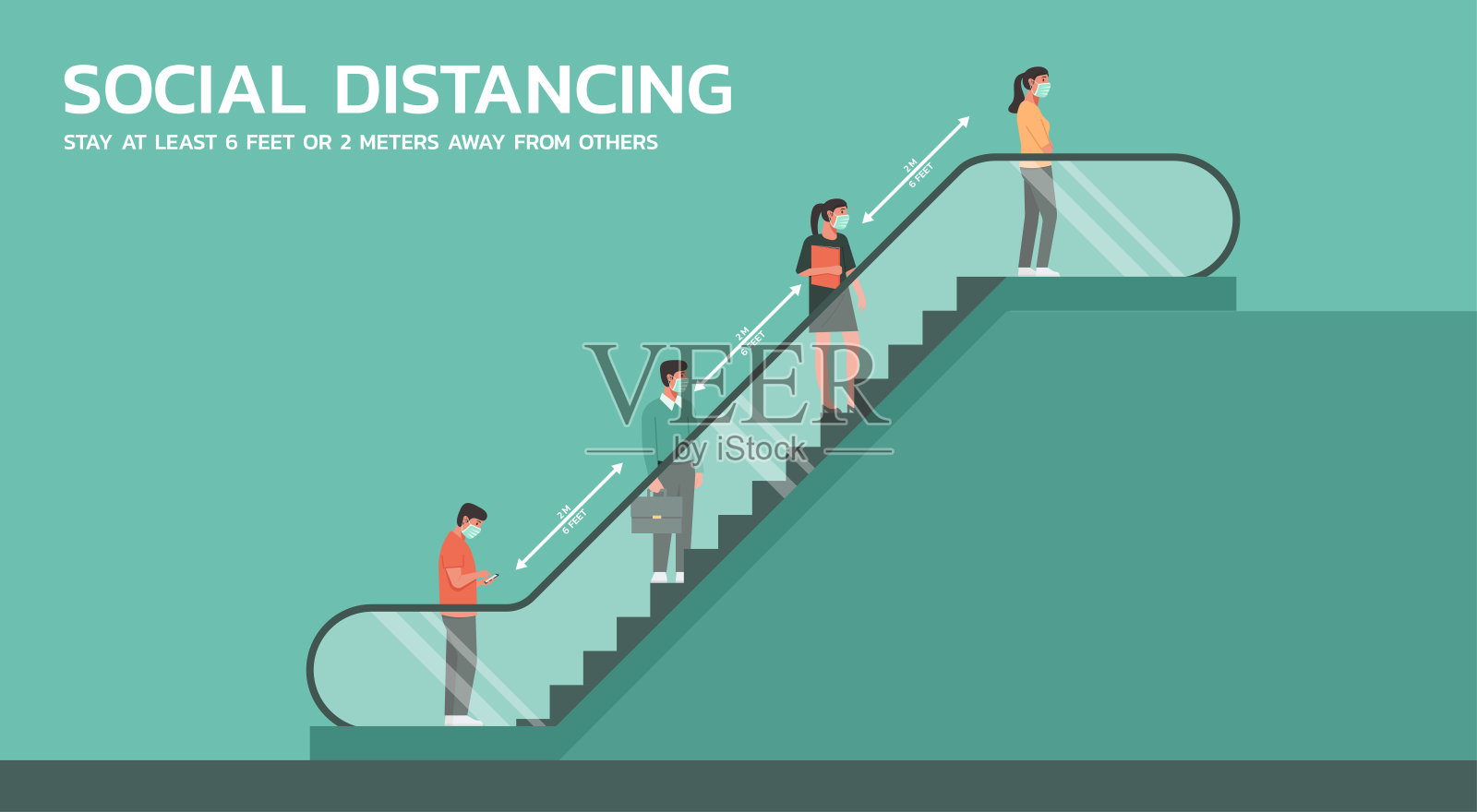 使用自动扶梯并保持社交距离的人插画图片素材
