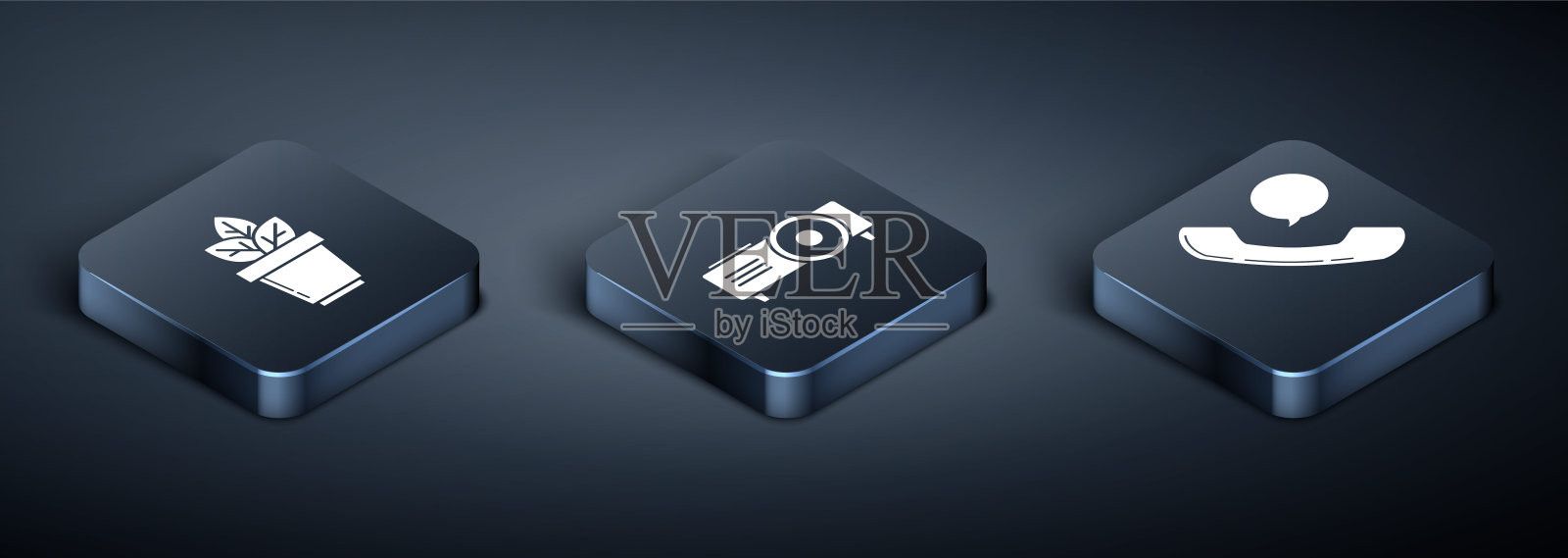 设置等距花在锅，电话听筒和语音泡聊天和演示，电影，电影，媒体投影仪图标。向量图标素材