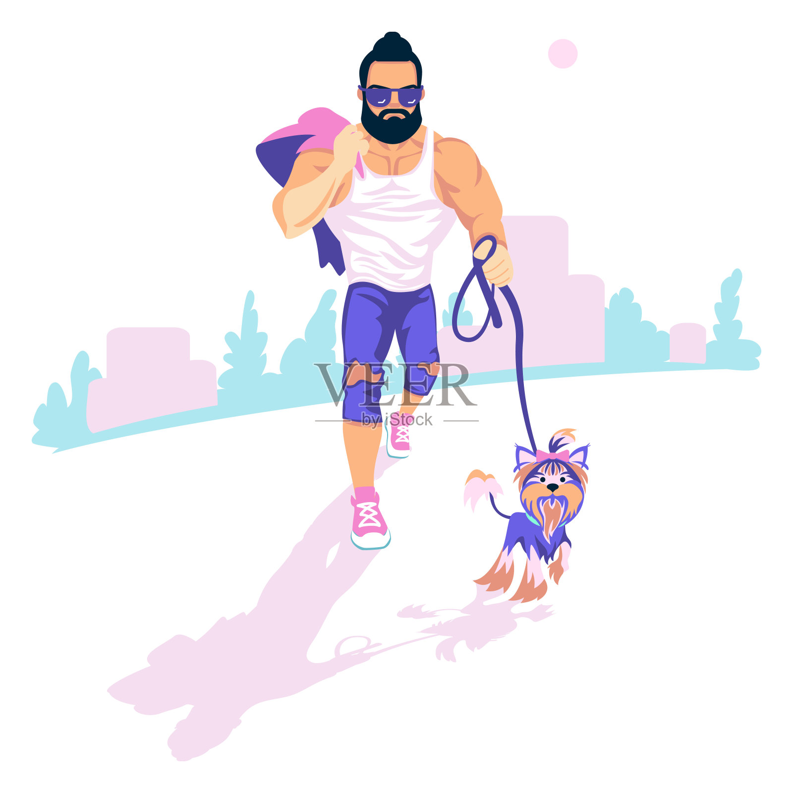 留着胡子的男人遛狗插画图片素材