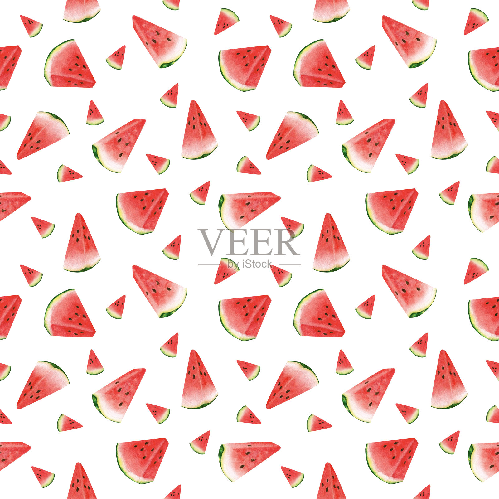 无缝水彩图案切熟红西瓜在白色的背景。无缝夏季水果背景八月国际西瓜日。设计元素图片