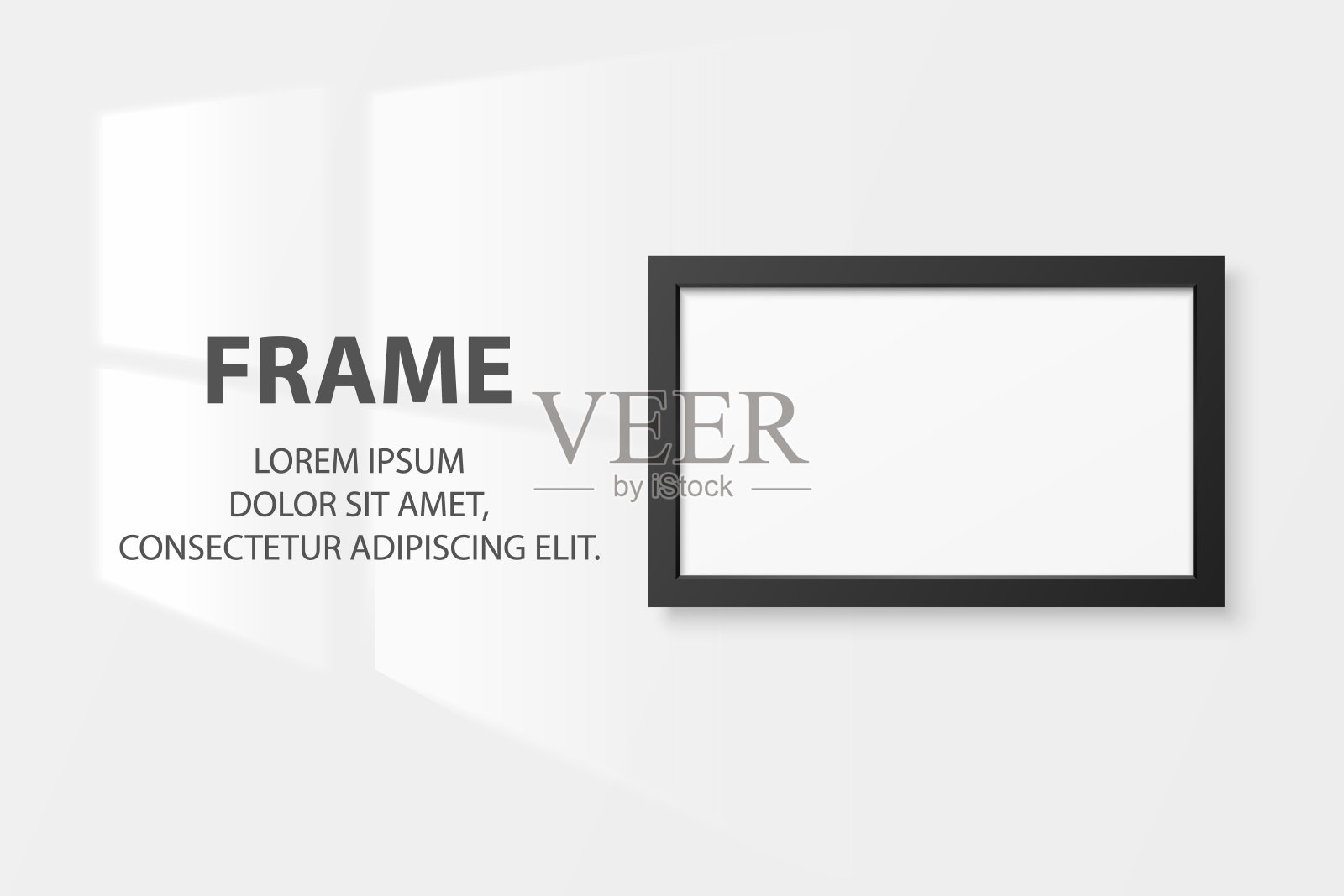 矢量3d现实的黑色水平木制简单现代框架图标特写隔离在白色墙壁背景与窗口光。它可以用于演示。设计模板，模型，前视图插画图片素材