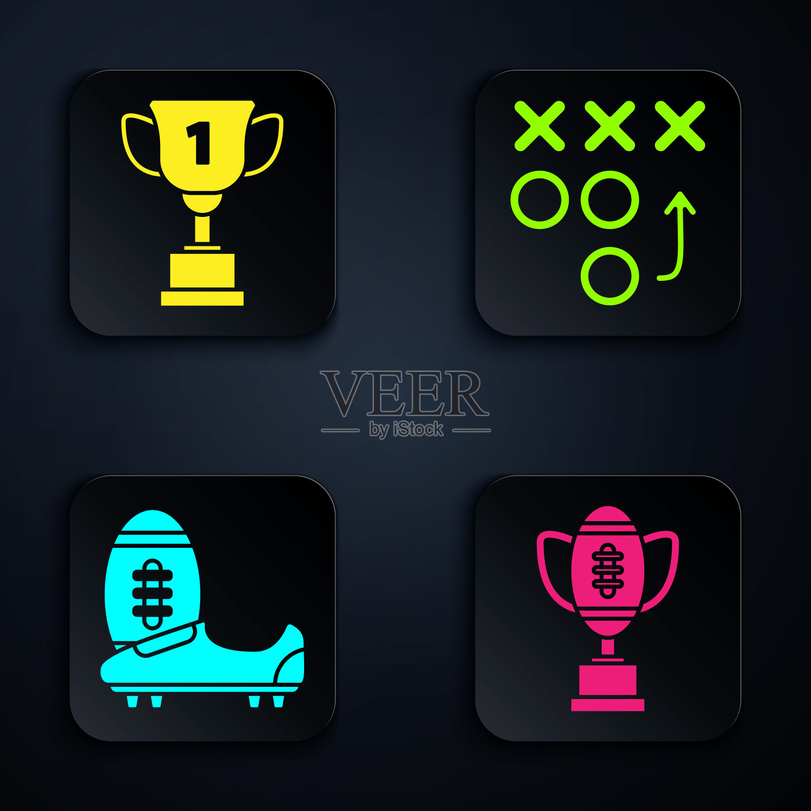 设置奖励杯和美式足球，奖励杯，足球或足球鞋与钉鞋和规划战略概念。黑色方形按钮。向量插画图片素材