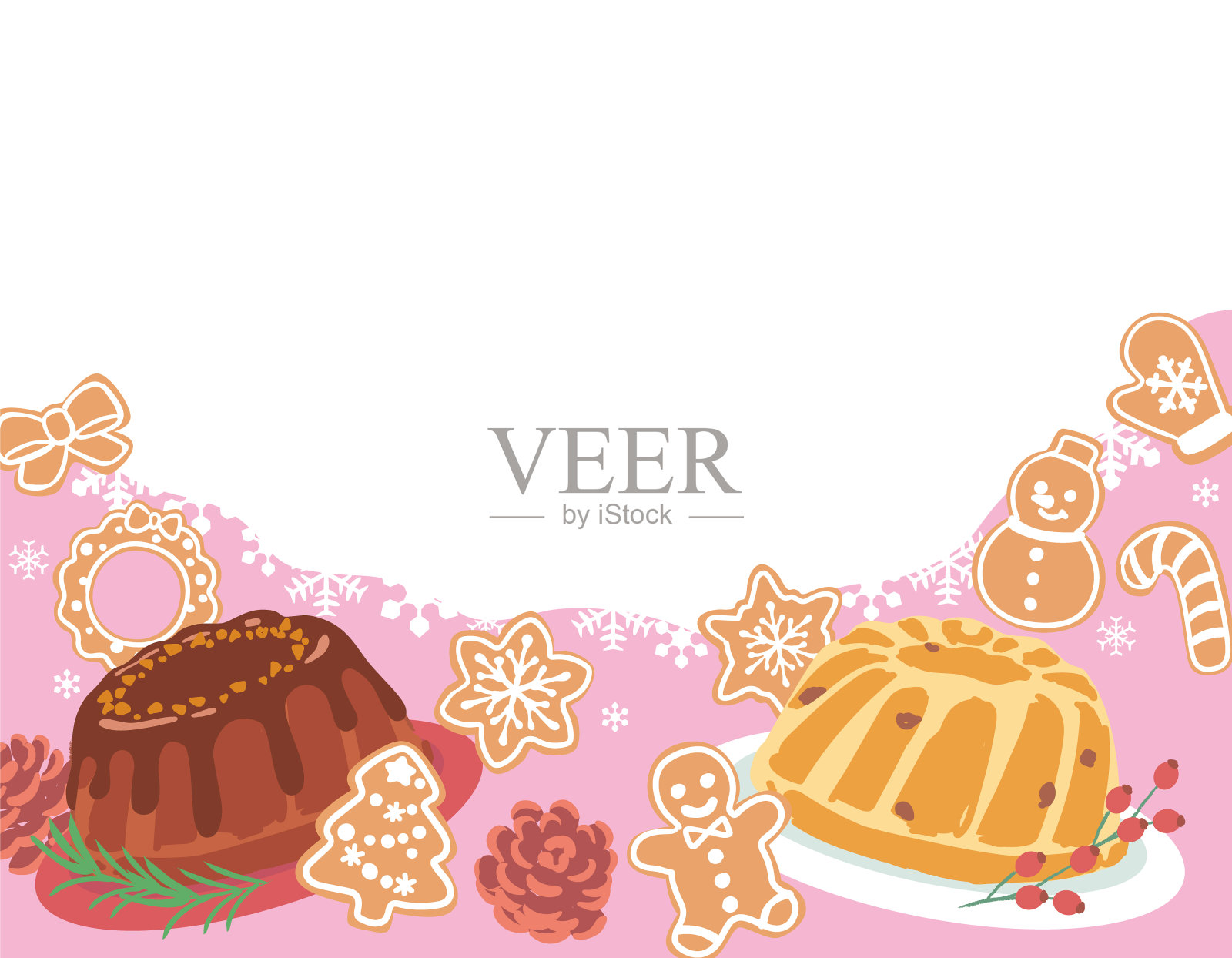 圣诞主题背景与空白。矢量插图装饰圣诞饼干和bundt蛋糕。插画图片素材