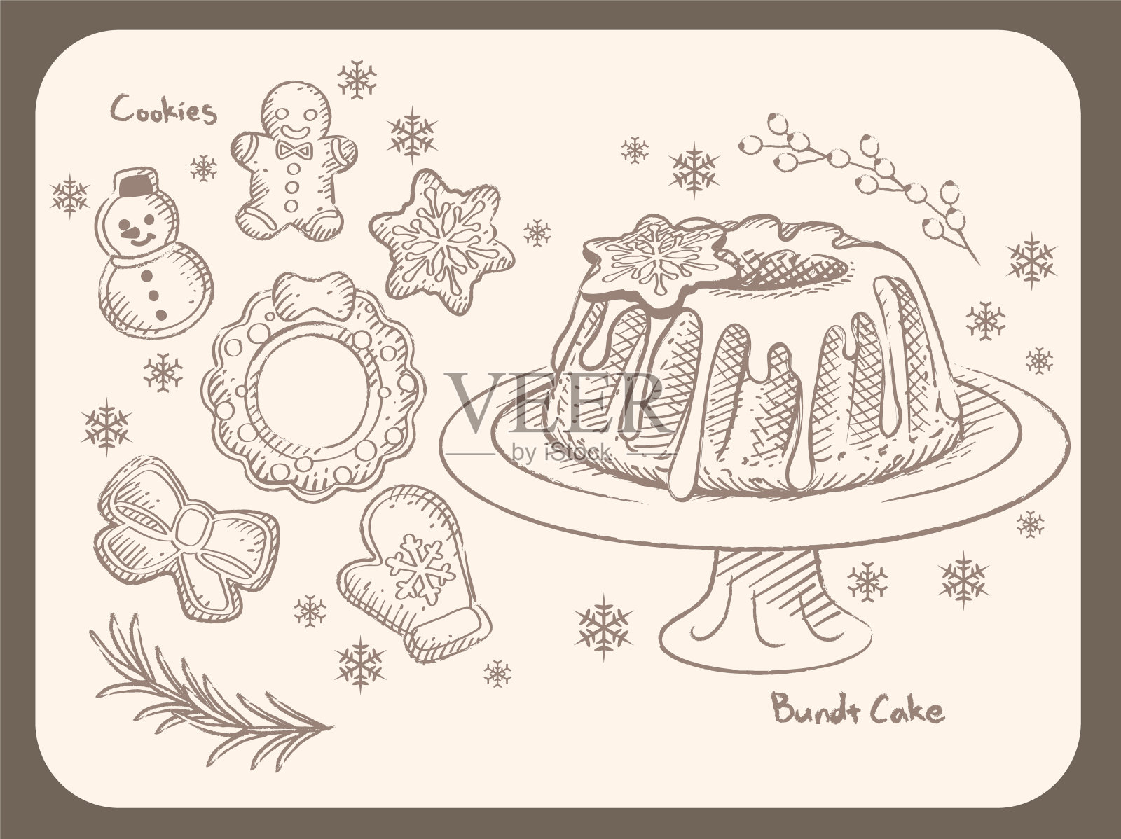 冬天和圣诞节的糕点，饼干，面包蛋糕。复古风格矢量插图菜单，海报或其他用途。插画图片素材