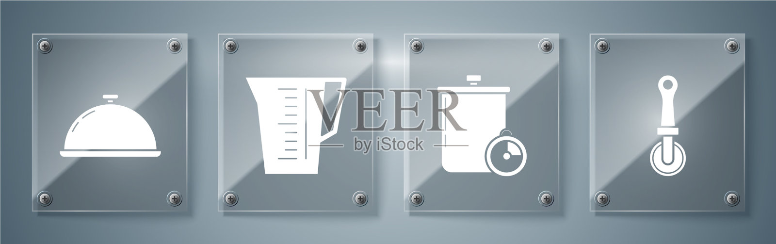 摆放披萨刀、煮锅和厨房定时器图标素材