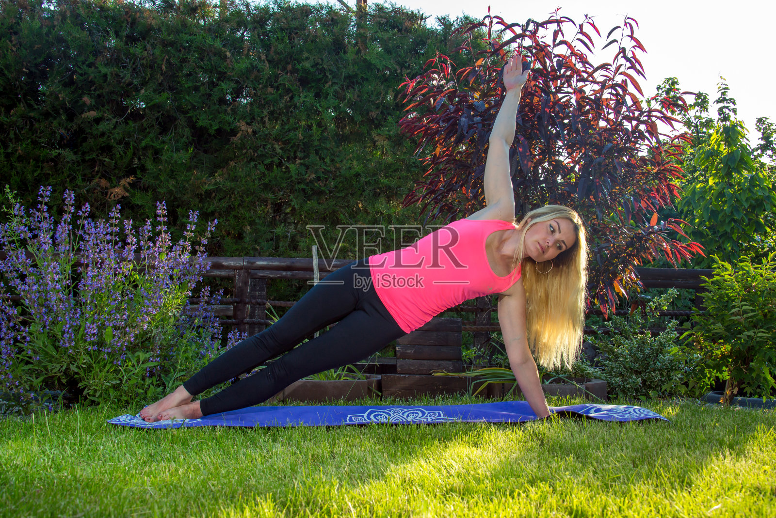 健康的生活方式的概念。年轻女子在日落时分健身。绿色植物和草有助于改善呼吸。照片摄影图片