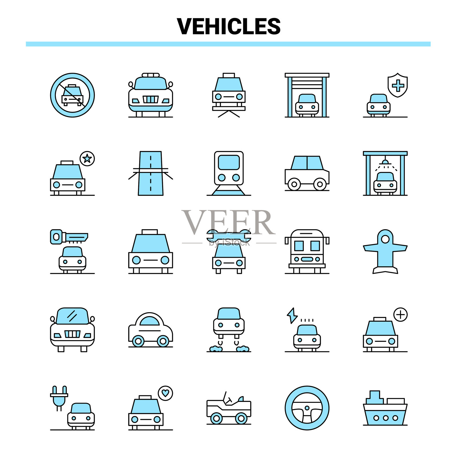 25辆车的黑色和蓝色图标设置创意图标图标素材