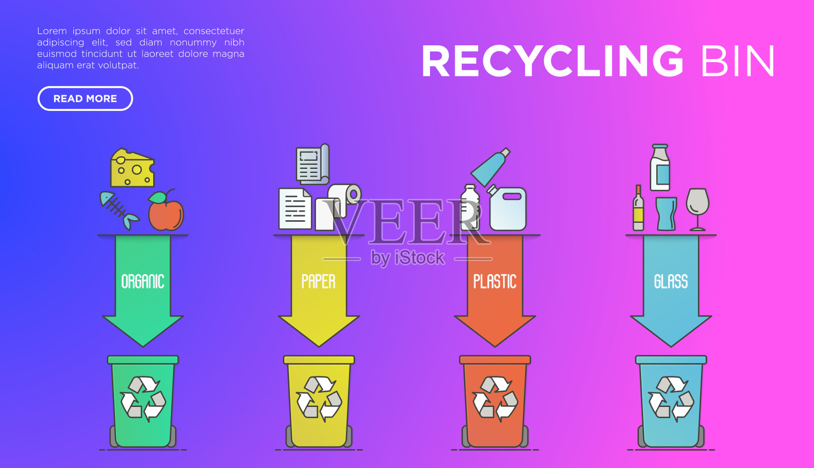 回收生态概念，四个颜色的垃圾桶，说明分类类型:有机，纸，塑料，玻璃垃圾。现代平面细线矢量插图。插画图片素材