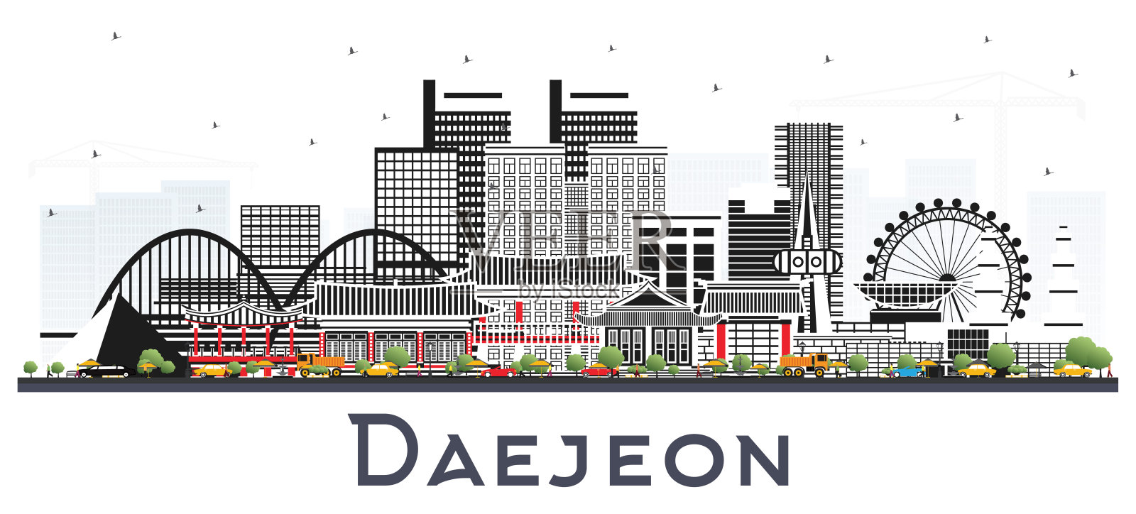 韩国大田市天际线与彩色建筑隔离在白色。插画图片素材