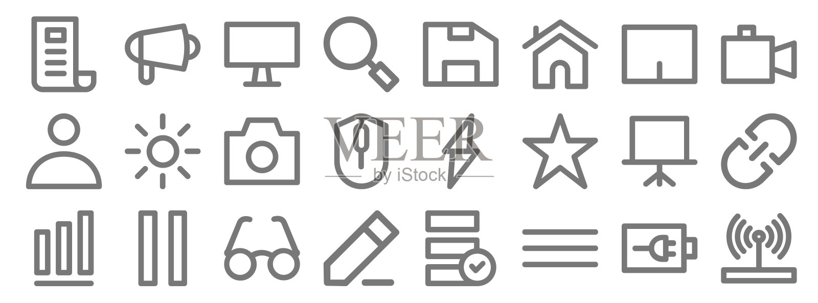用户界面行图标。线性集。质量矢量线集如无线路由器，按钮，编辑，条形图，演示，相机，摄像机，保存文件，放大器图标素材
