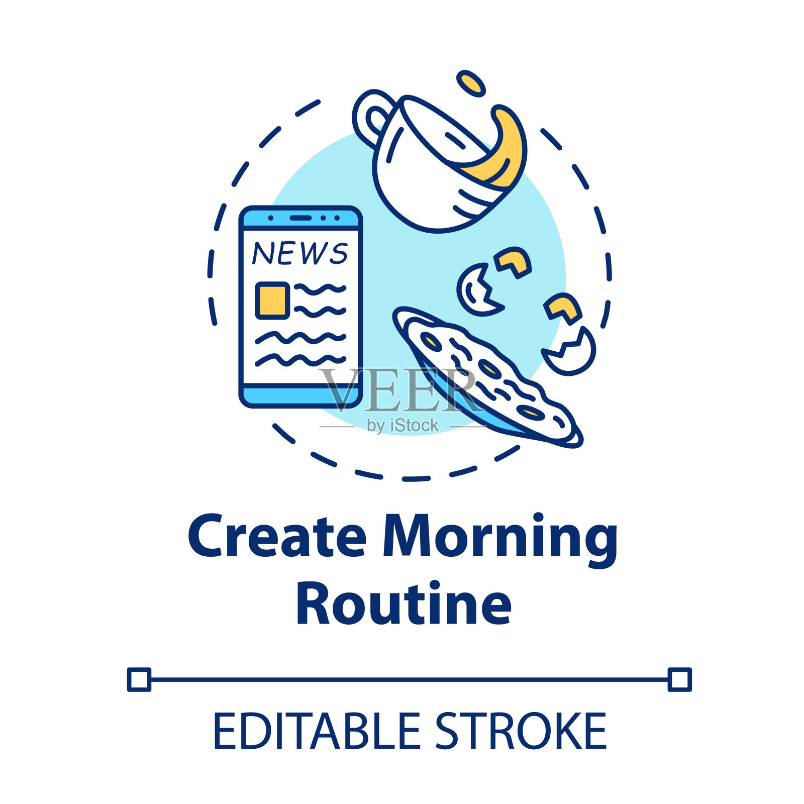 创建早晨例行公事的概念图标。日常时间表。每日计划。组织个人议程。自我护理措施构想细线插图。矢量隔离轮廓RGB彩色绘图。可编辑的中风插画图片素材