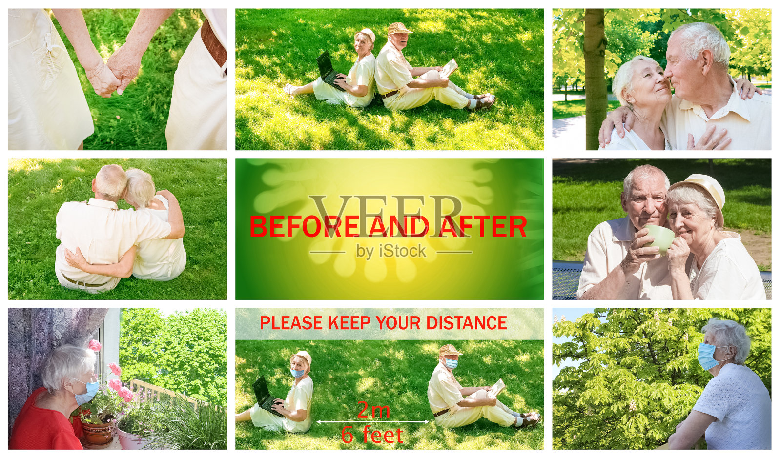 这对年长的男女坐在公园里保持社交距离。照片摄影图片