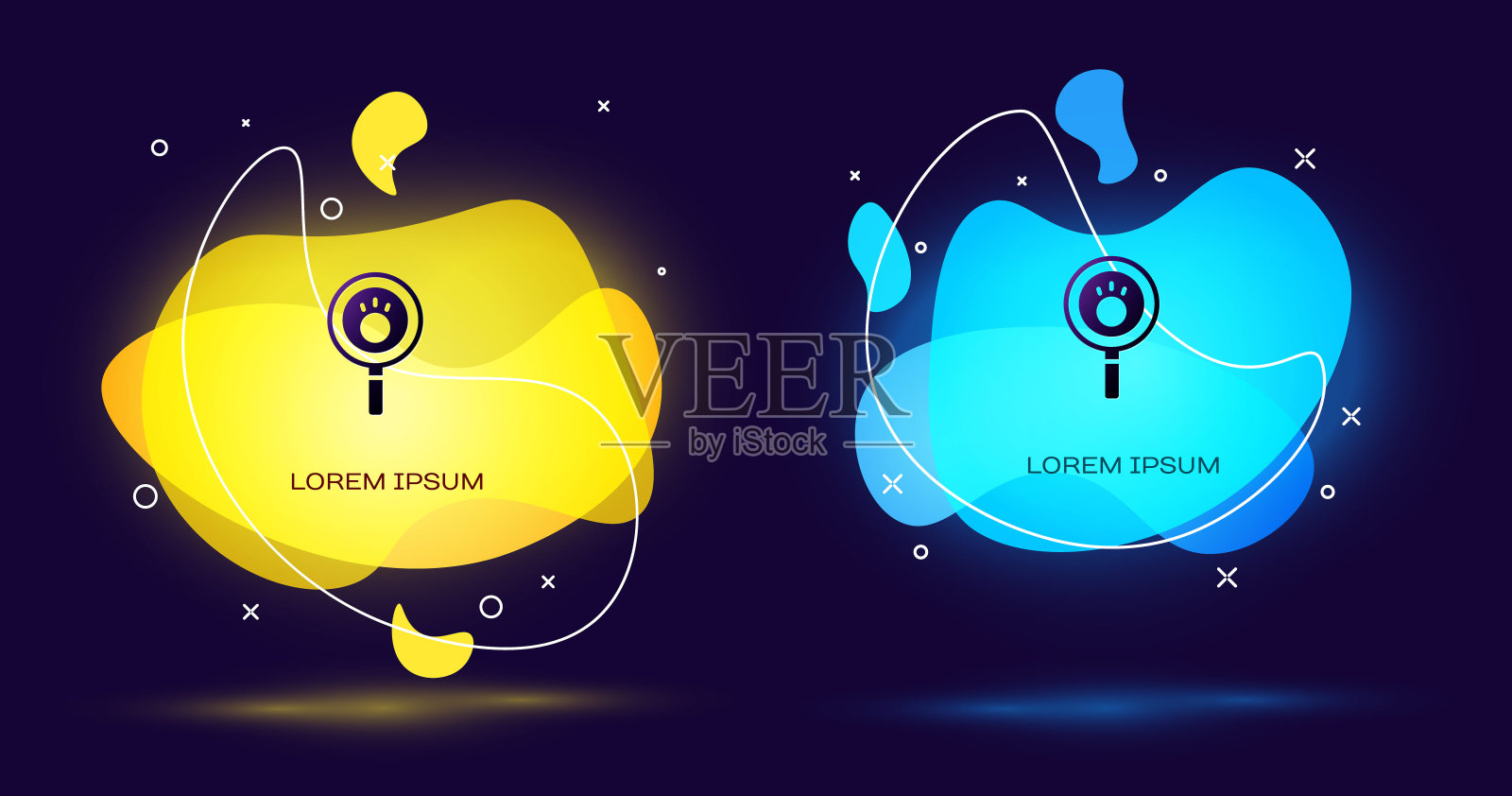 黑爪搜索图标孤立的黑色背景。动物脚印放大镜。带有液体形状的抽象横幅。向量设计模板素材