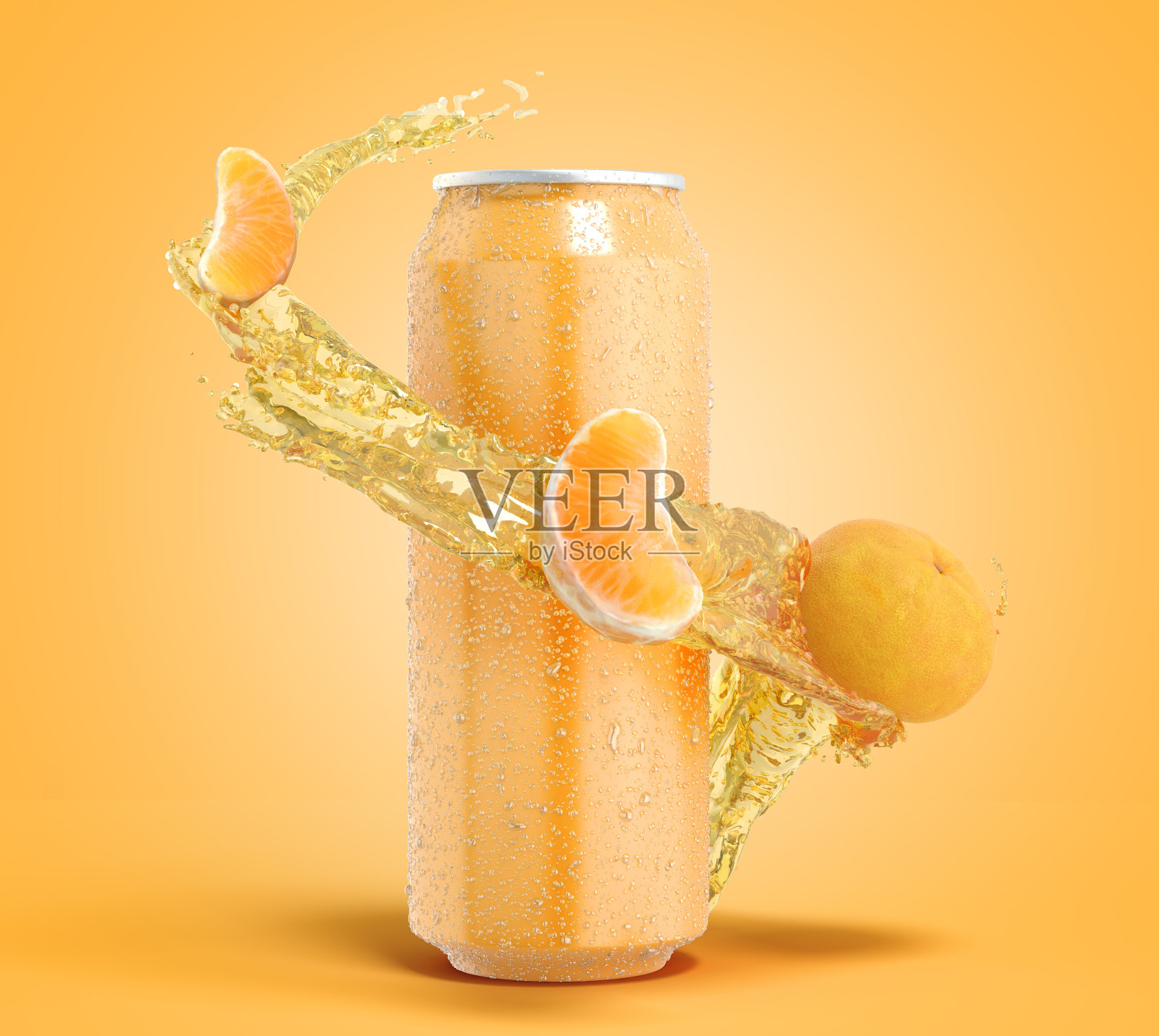 橘子水果苏打水在一个铁罐可以溅水与水果片周围的瓶子3dender颜色梯度照片摄影图片