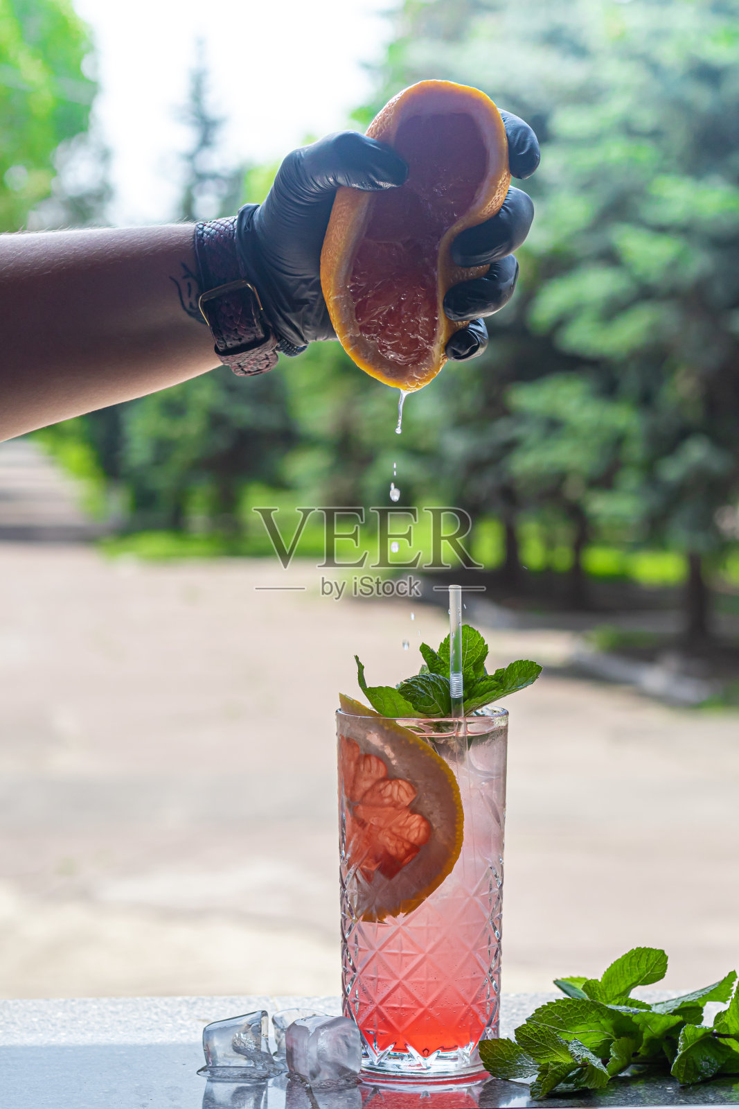 一杯清爽的夏日鸡尾酒，配上一片葡萄柚。酒精饮料鸽子。用薄荷枝和冰块装饰。照片摄影图片