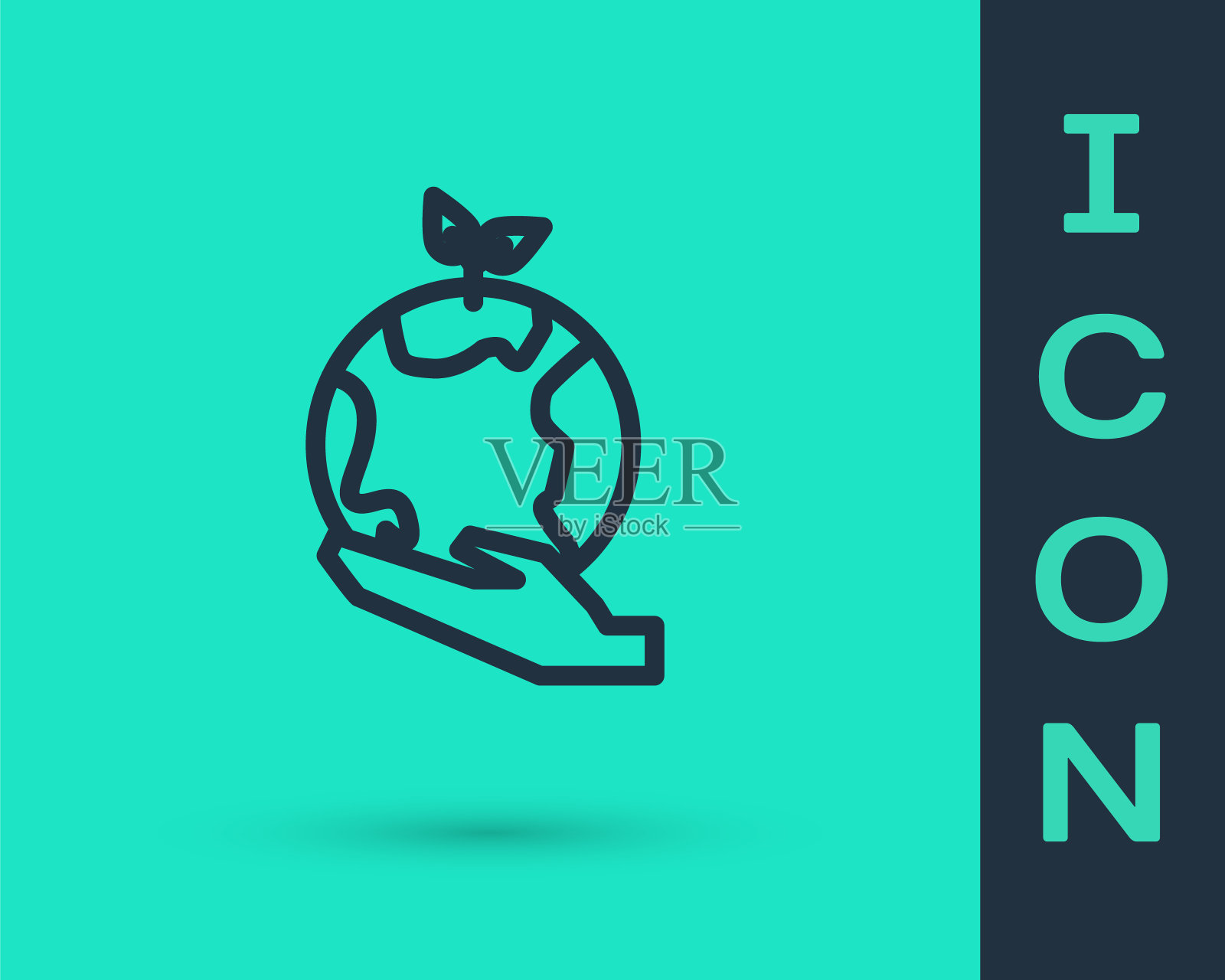 黑线人类手握地球图标孤立在绿色背景上。拯救地球的概念。矢量图图标素材