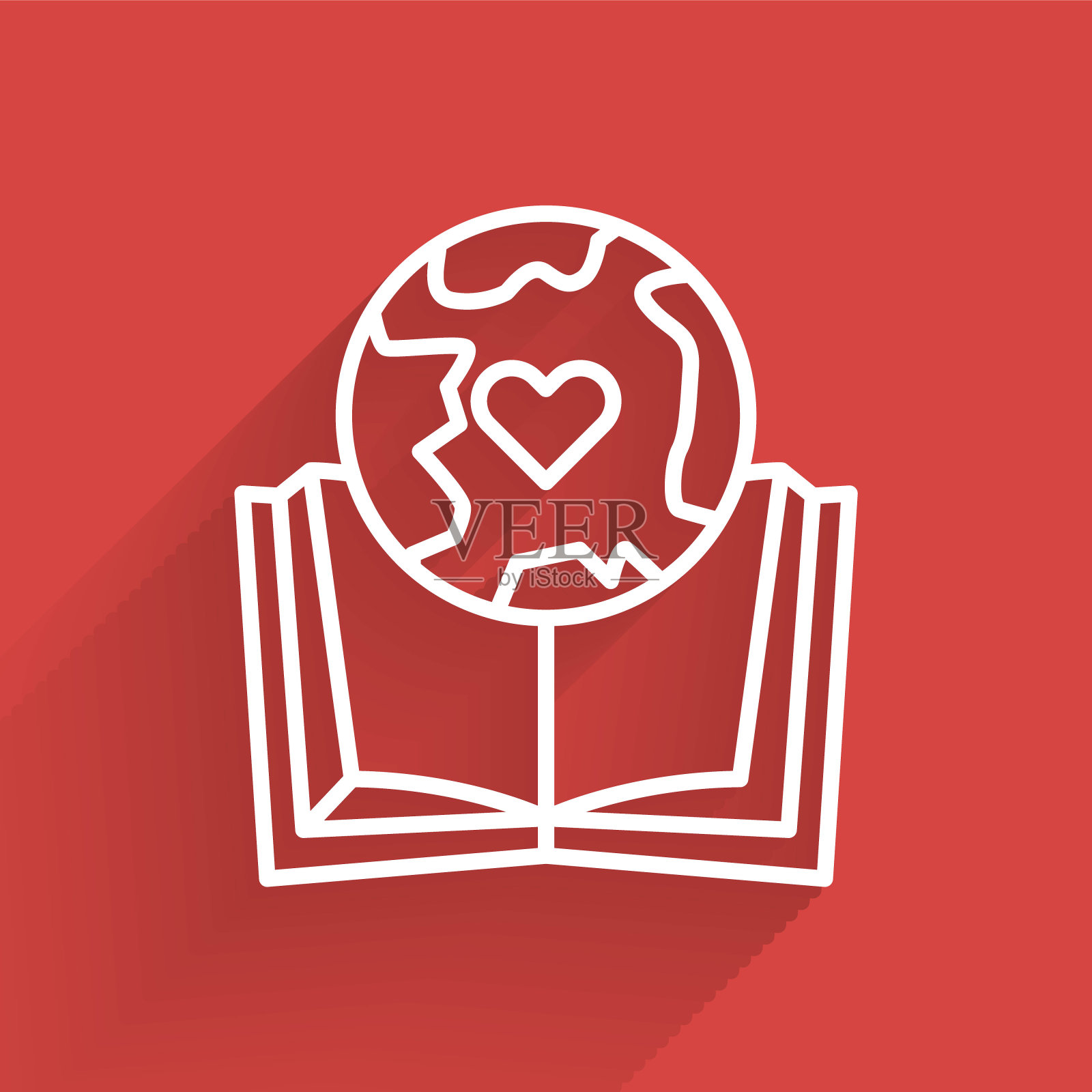 白色线地球地球仪和书图标孤立与长影子。世界或土相星座。全球互联网的象征。几何形状。矢量图插画图片素材