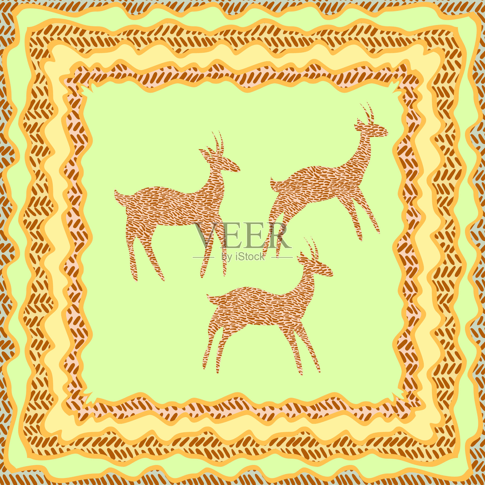 三只羚羊在部落设计的装饰框架插画图片素材