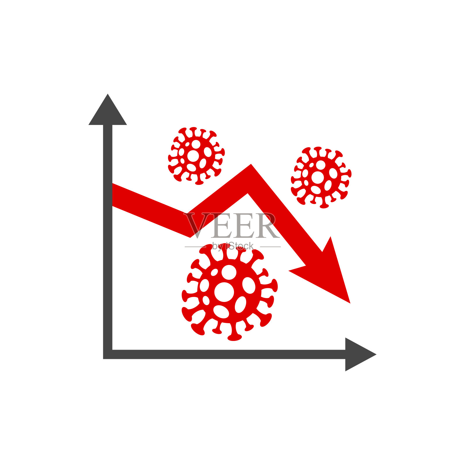 COVID-19, 2019-nCoV, Abstract virus strain model corona virus disease and red arrow on graph. Сoncept of global trade market and economy falling due to novel coronavirus outbreak插画图片素材