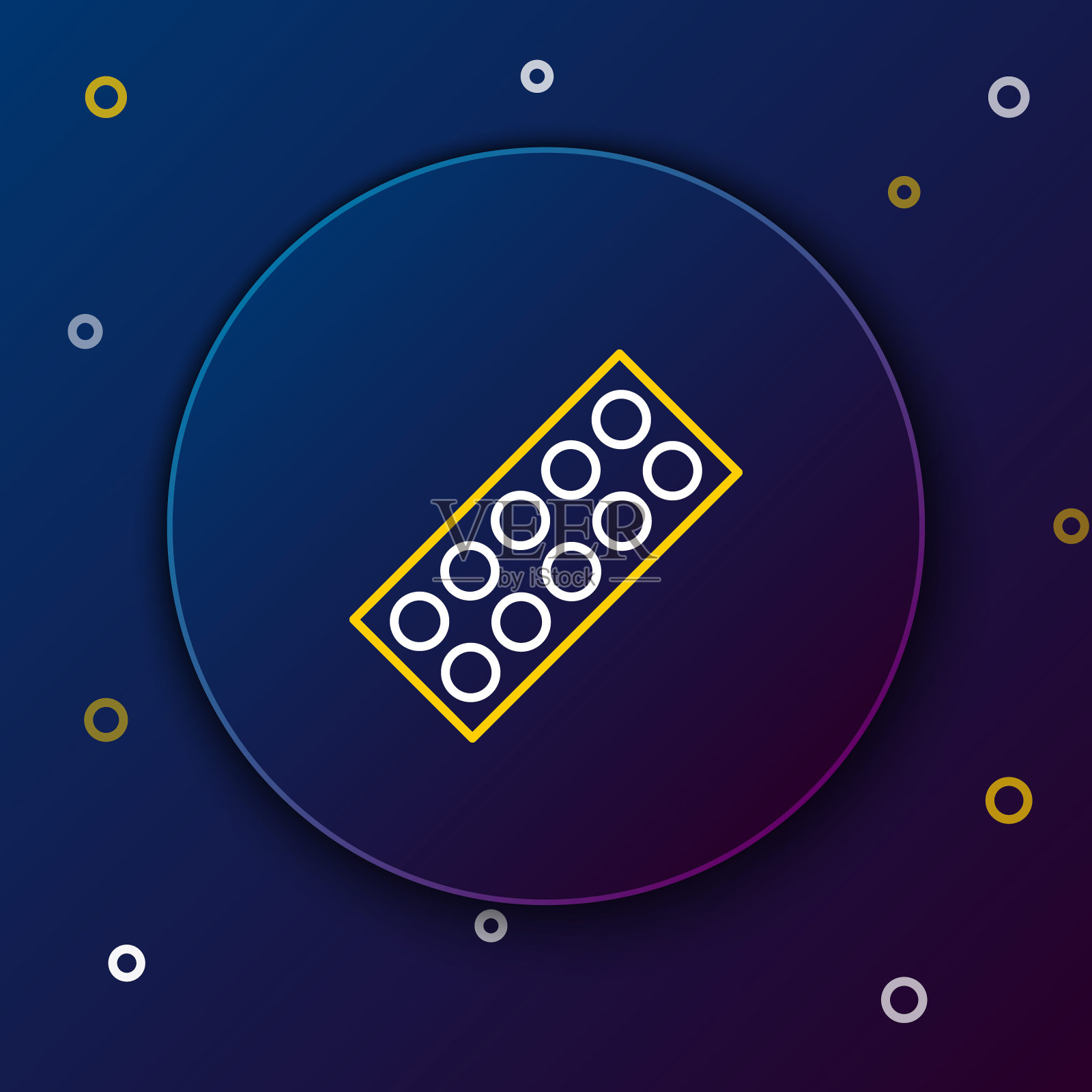 线丸在吸塑包装图标孤立在蓝色背景。医药包装片，维生素，抗生素，阿司匹林。色彩斑斓的轮廓的概念。向量图标素材