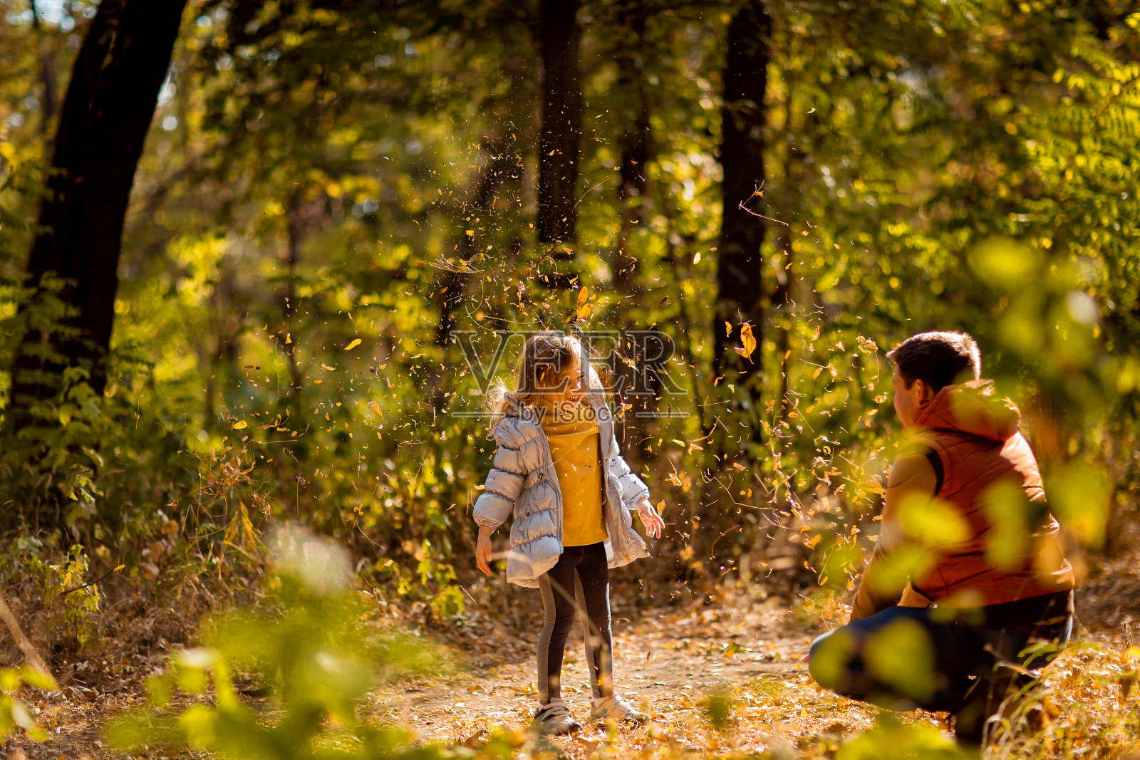 爸爸和女儿玩，扔干黄色的落叶。在秋天公园散步。照片摄影图片