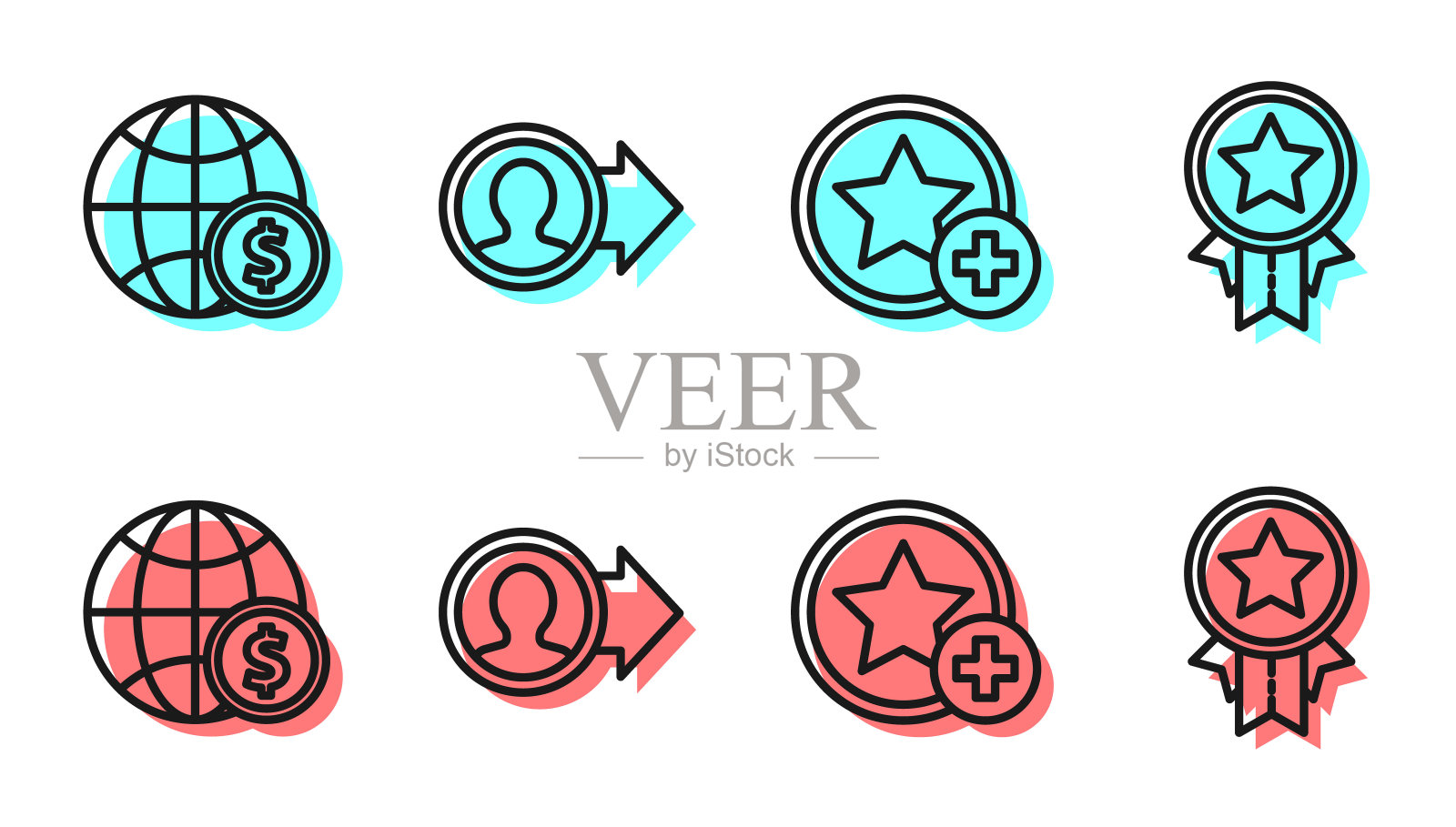 设定线星，地球与美元，工作晋升和奖章与明星图标。向量图标素材