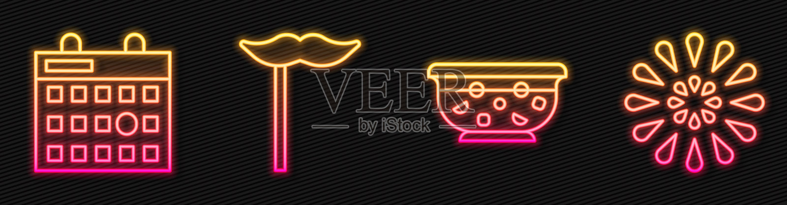 定线混合潘趣酒在碗，生日日历，纸胡子在棍和烟花。发光的霓虹灯图标。向量插画图片素材