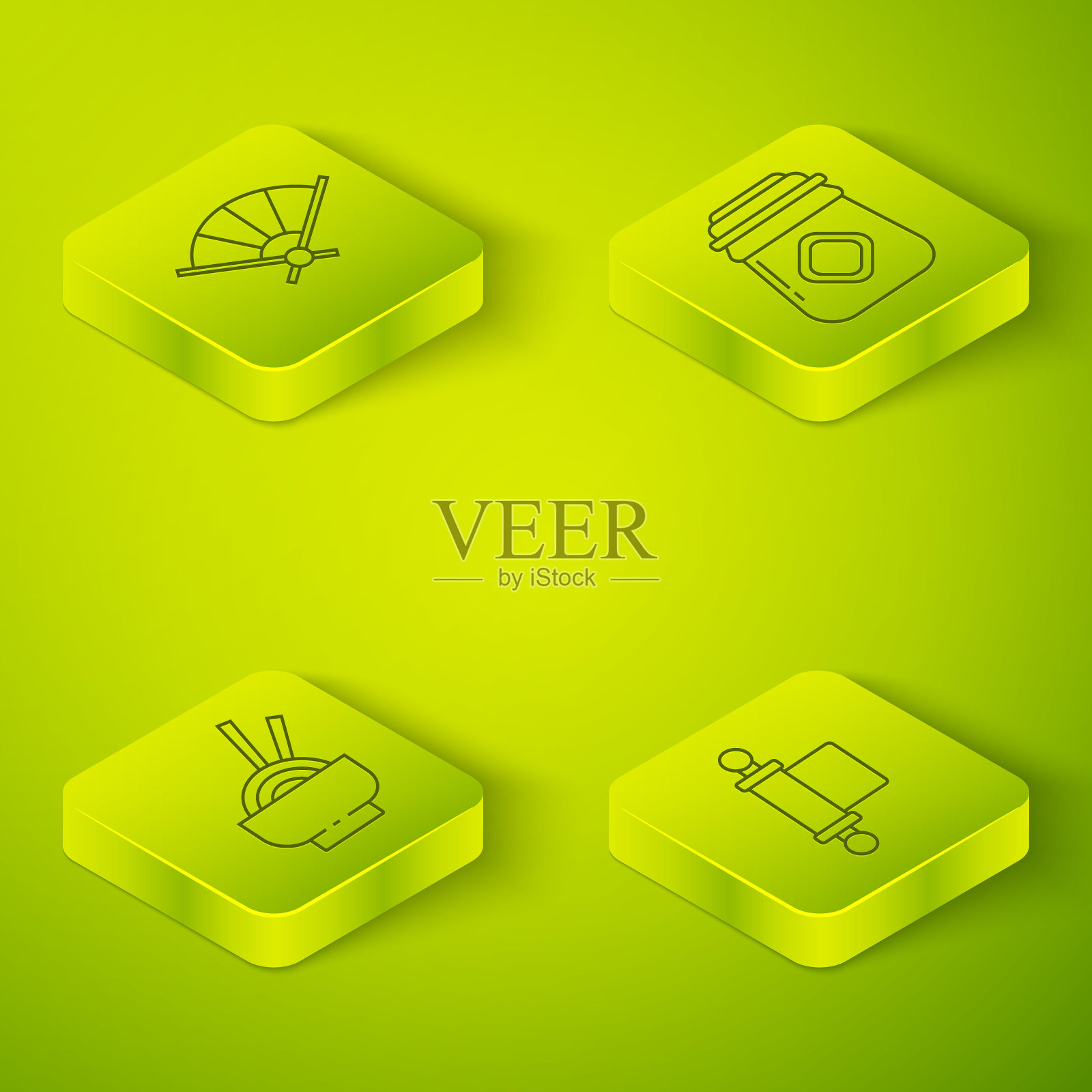 设定等长罐蜂蜜，亚洲面条在碗，法令，纸，羊皮纸，卷轴和纸中国折扇图标。向量图标素材