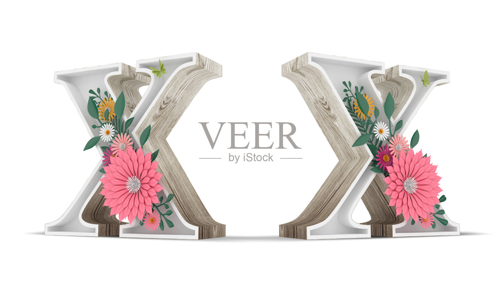 木质字母和彩色花朵装饰在白色的背景与剪切路径。3 d渲染插图。照片摄影图片