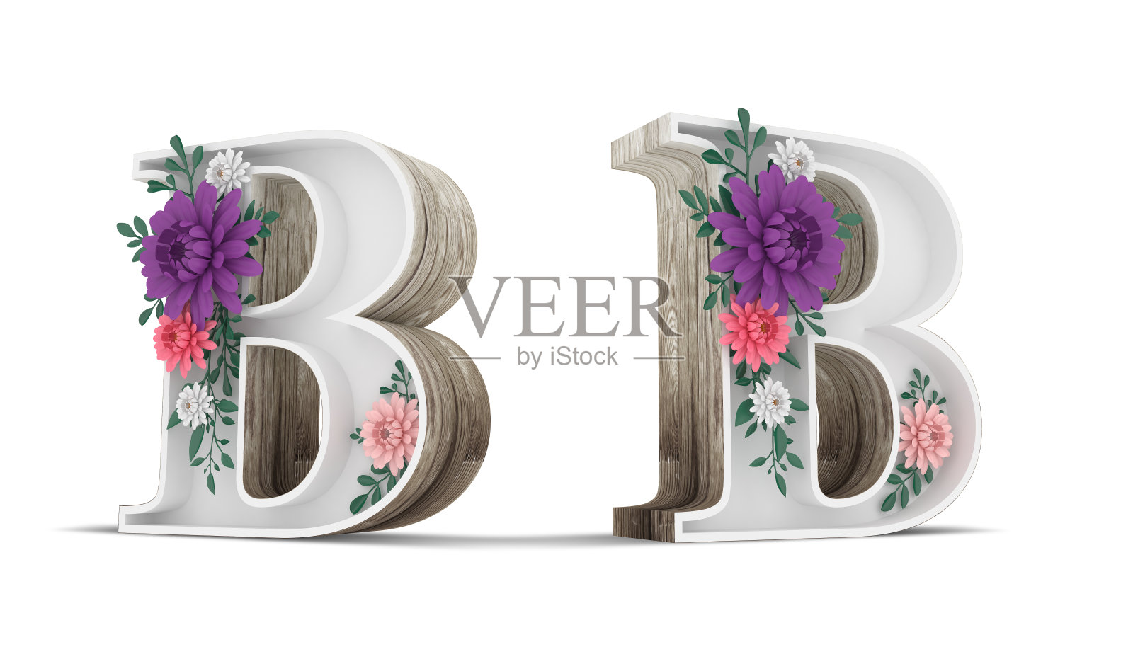 木质字母和彩色花朵装饰在白色的背景与剪切路径。3 d渲染插图。照片摄影图片