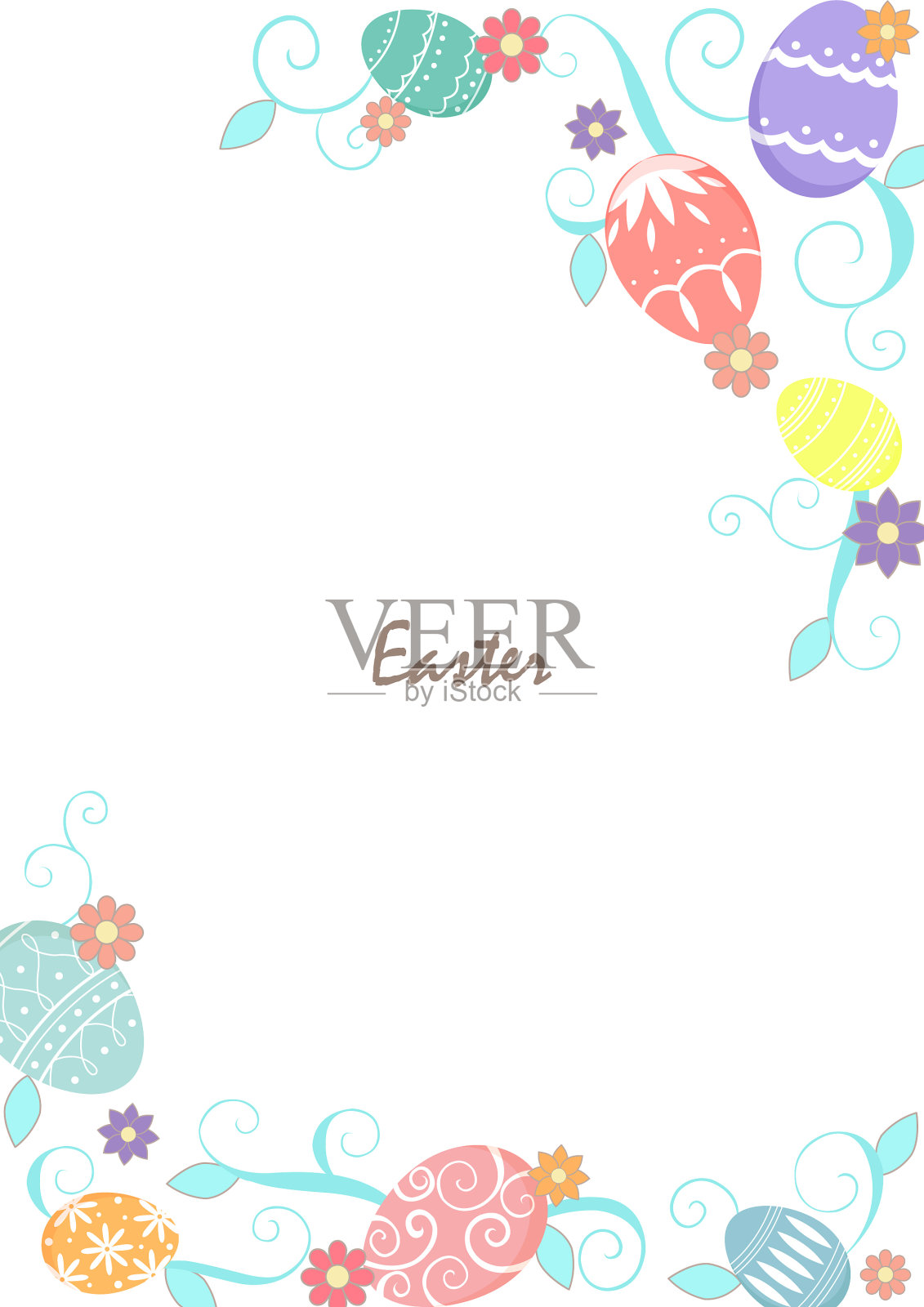 复活节彩蛋与春天的鲜花花园框架插画图片素材