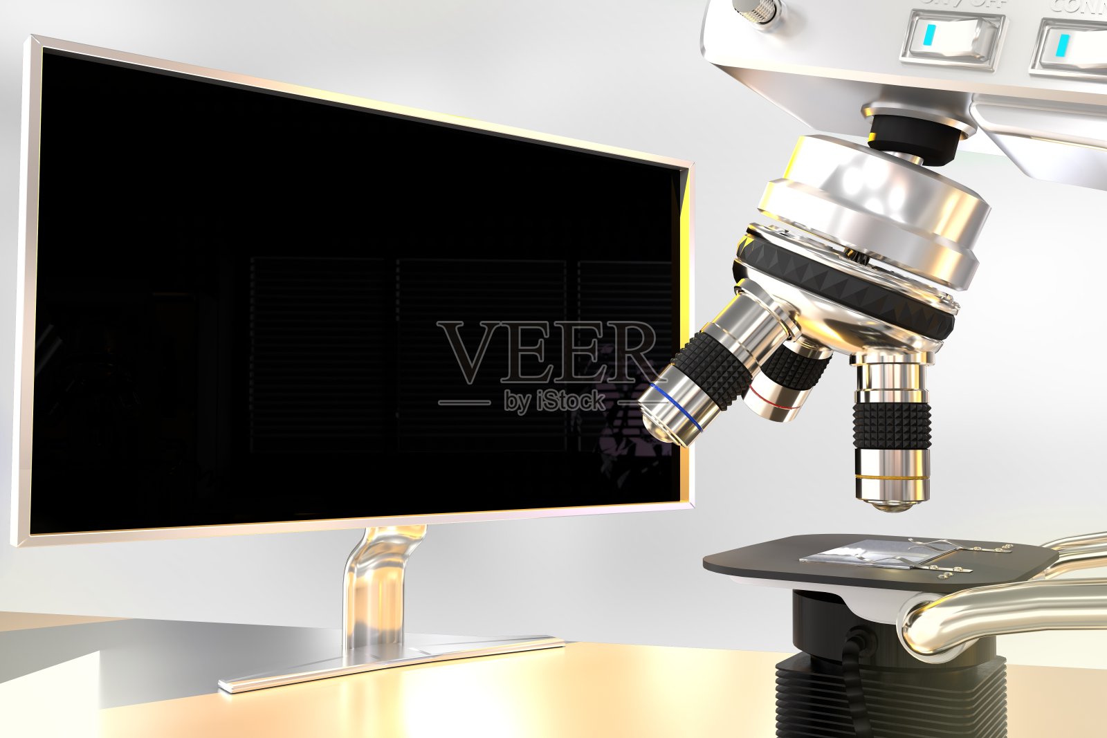 物理发现概念，对象3D插图-实验室高科技显微镜和显示器与空白的背景为您的内容照片摄影图片